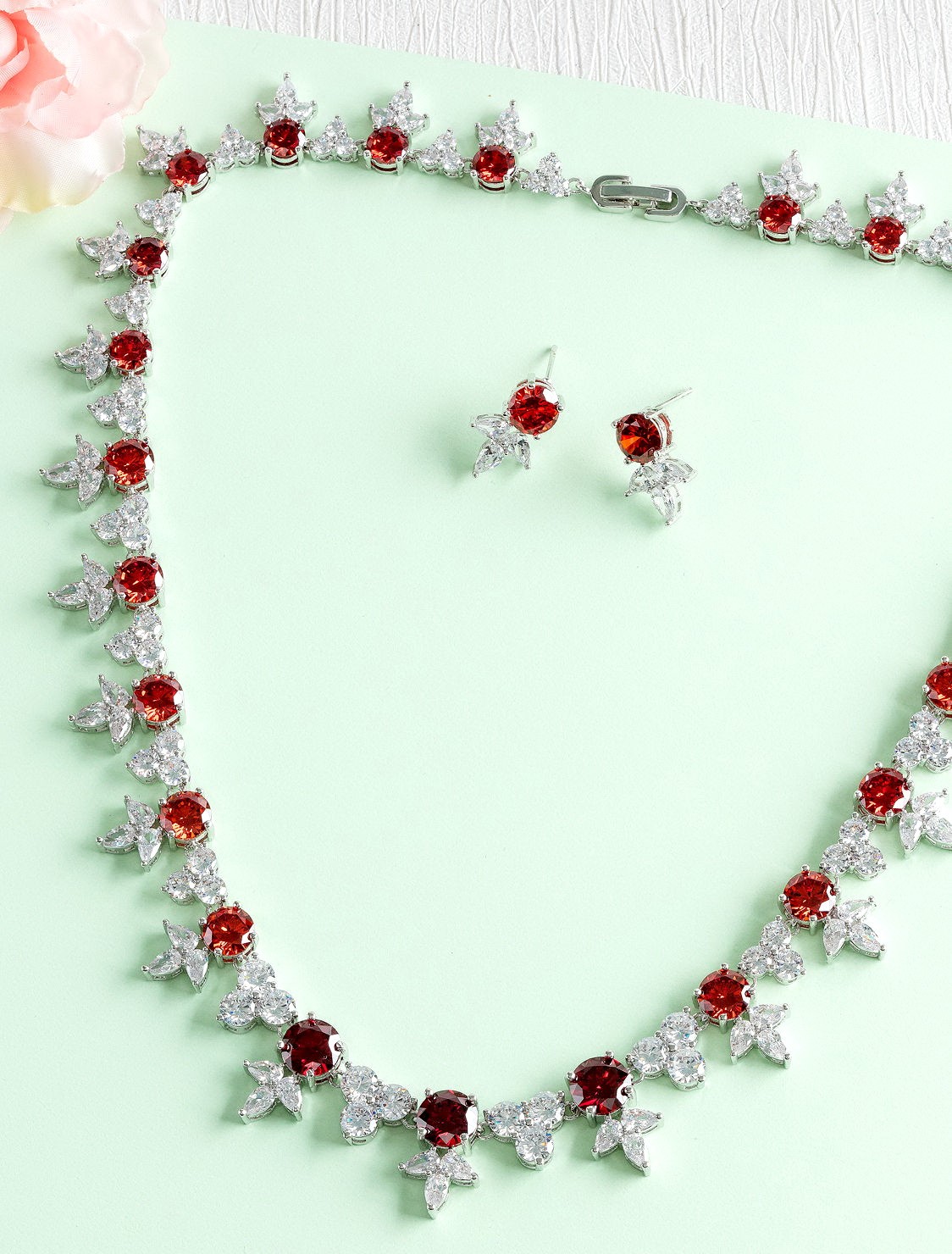 RUBY DIAMOND JEWELRY 18K WHITE GOLD NECKLACE EARRING สร้อยคอ ต่างหู ทับทิม ล้อมเพชร ทอง 18K Pre-order
