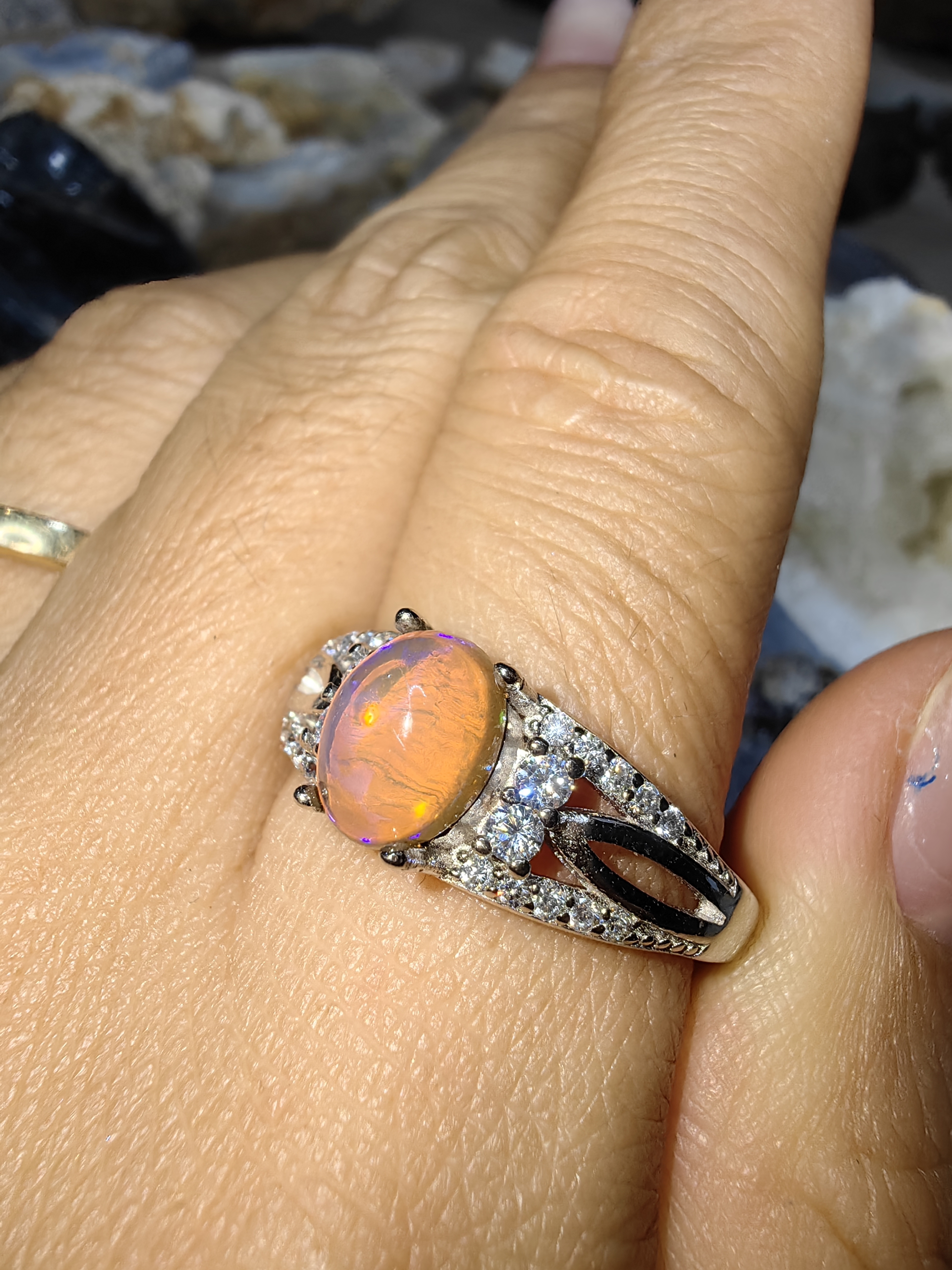 Opal, Swiss Diamond 925 Sterling Silver Ring แหวนโอปอ เพชรสวิส เงินแท้ 925 Size 60