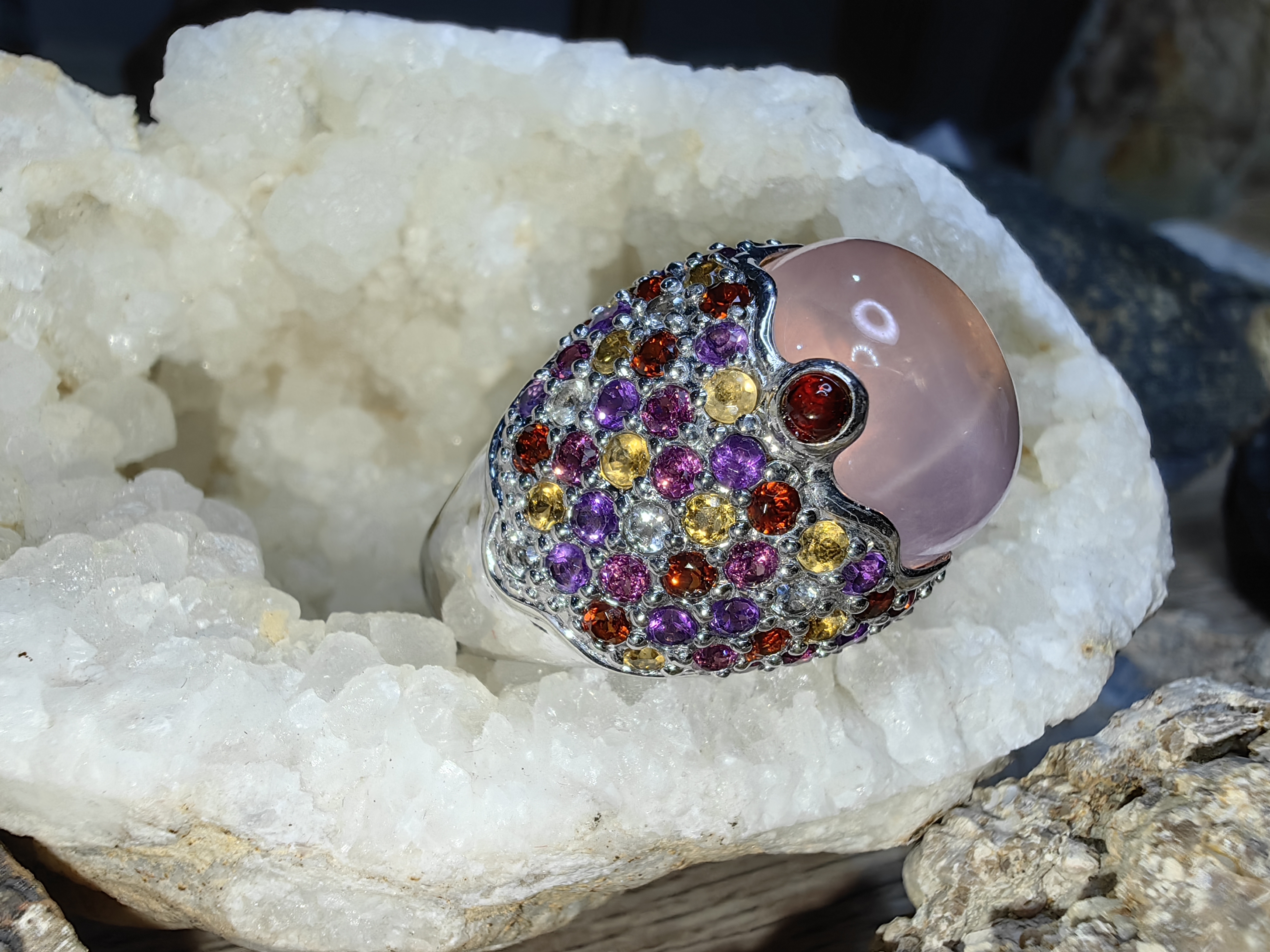 ROSE QUARTZ GARNET CITRINE AMETHYST WHITE TOPAZ RHODOLITE ROUND RING