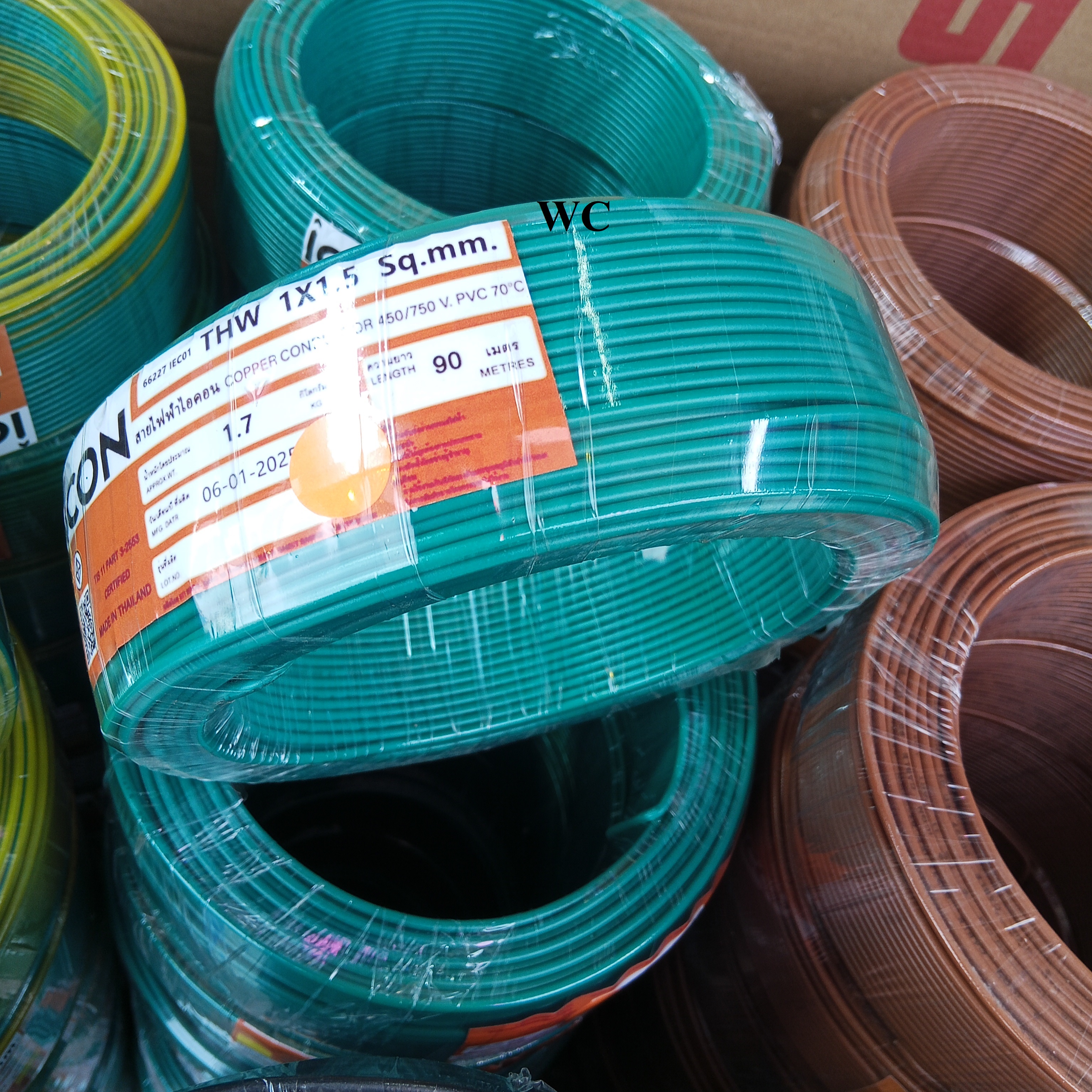 ICON สายไฟทองแดง THW เบอร์ 1.5 90เมตร 1x1.5 sq.mm แกนเดียว สำหรับเดินในบ้าน IEC01 และอาคาร เดินสายไฟภายในบ้าน ออกบิลภาษีได้