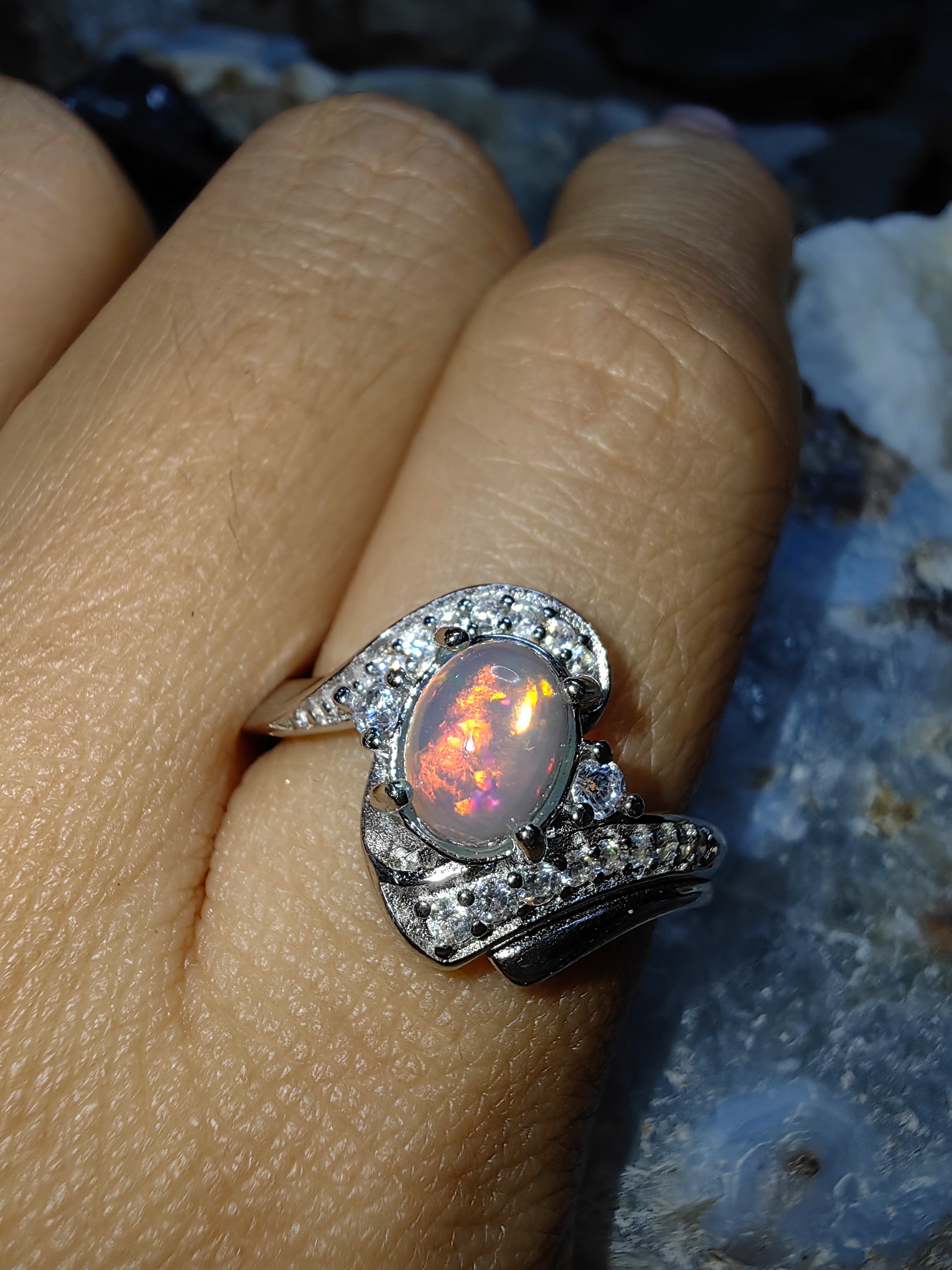 Opal, Swiss Diamond 925 Sterling Silver Ring แหวนโอปอ เพชรสวิส เงินแท้ 925 Size 54