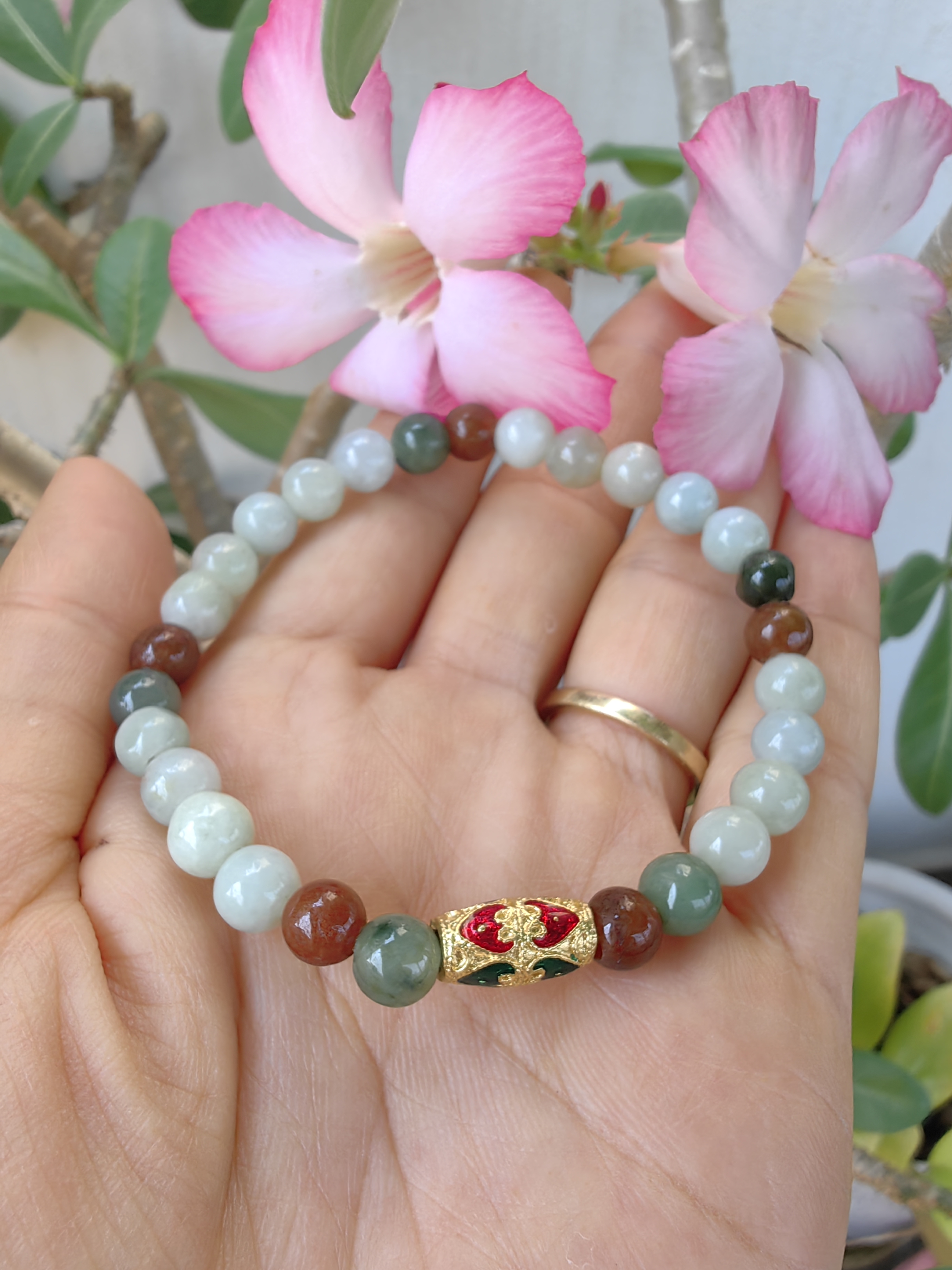 Burmese Jadeite Bracelets Thai Enamel Gold plated 7 mm. สร้อยข้อมือหยกพม่า ลงยาสุโขทัย กลม 7 มม. Free Size