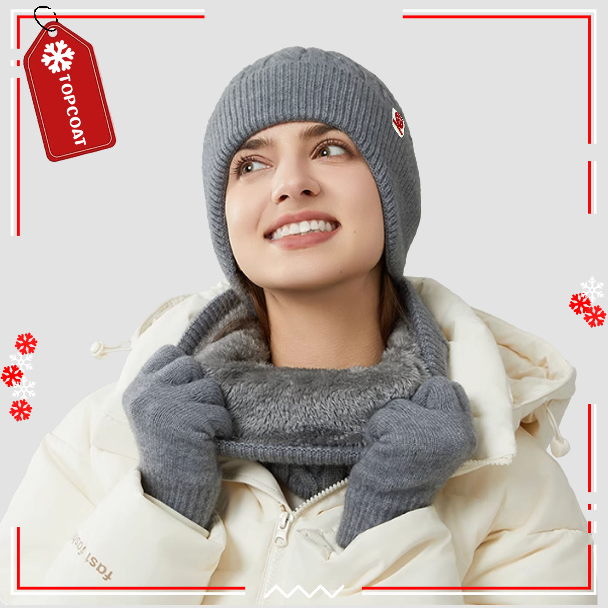 เซ็ทหมวก ผ้าพันคอแบบสวม ถุงมือกันหนาว Unisex ผ้านิ่มใส่สบาย ผิวสัมผัสดี รักษาอุณหภูมิได้ดี