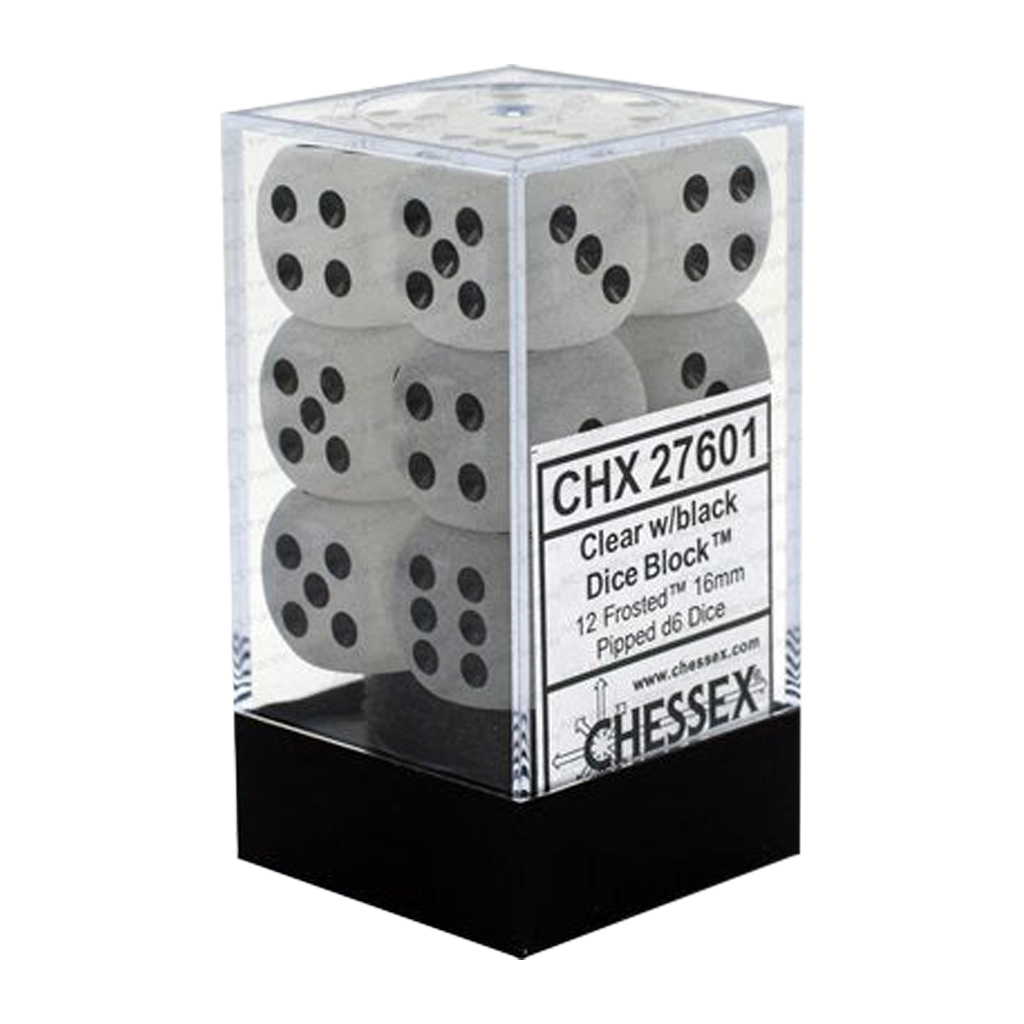 [ลูกเต๋า] Chessex: Frosted Clear/Black 16mm D6 (12 Dice)