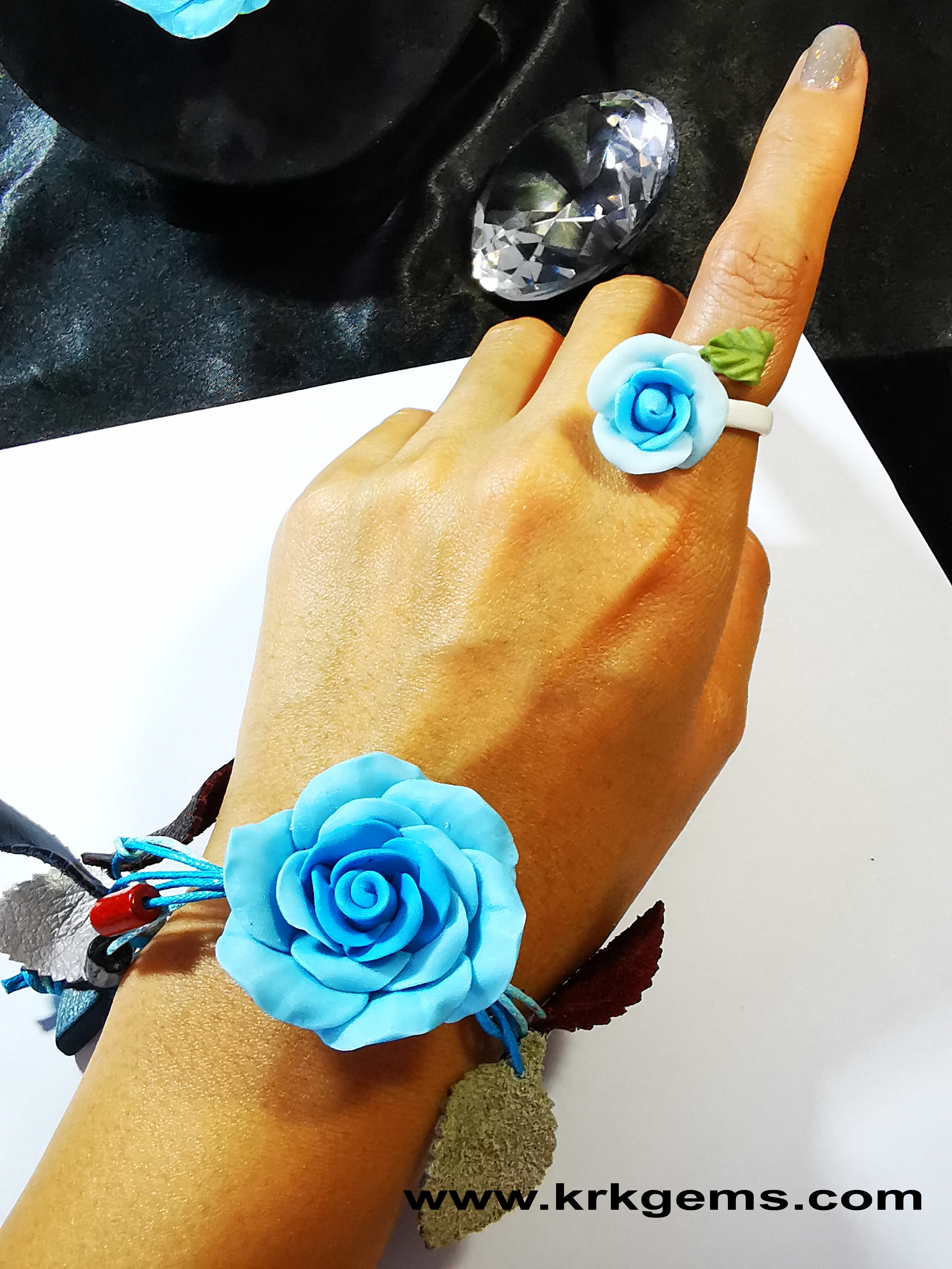 PASTEL BLUE ROSE HANDMADE CLAY RING