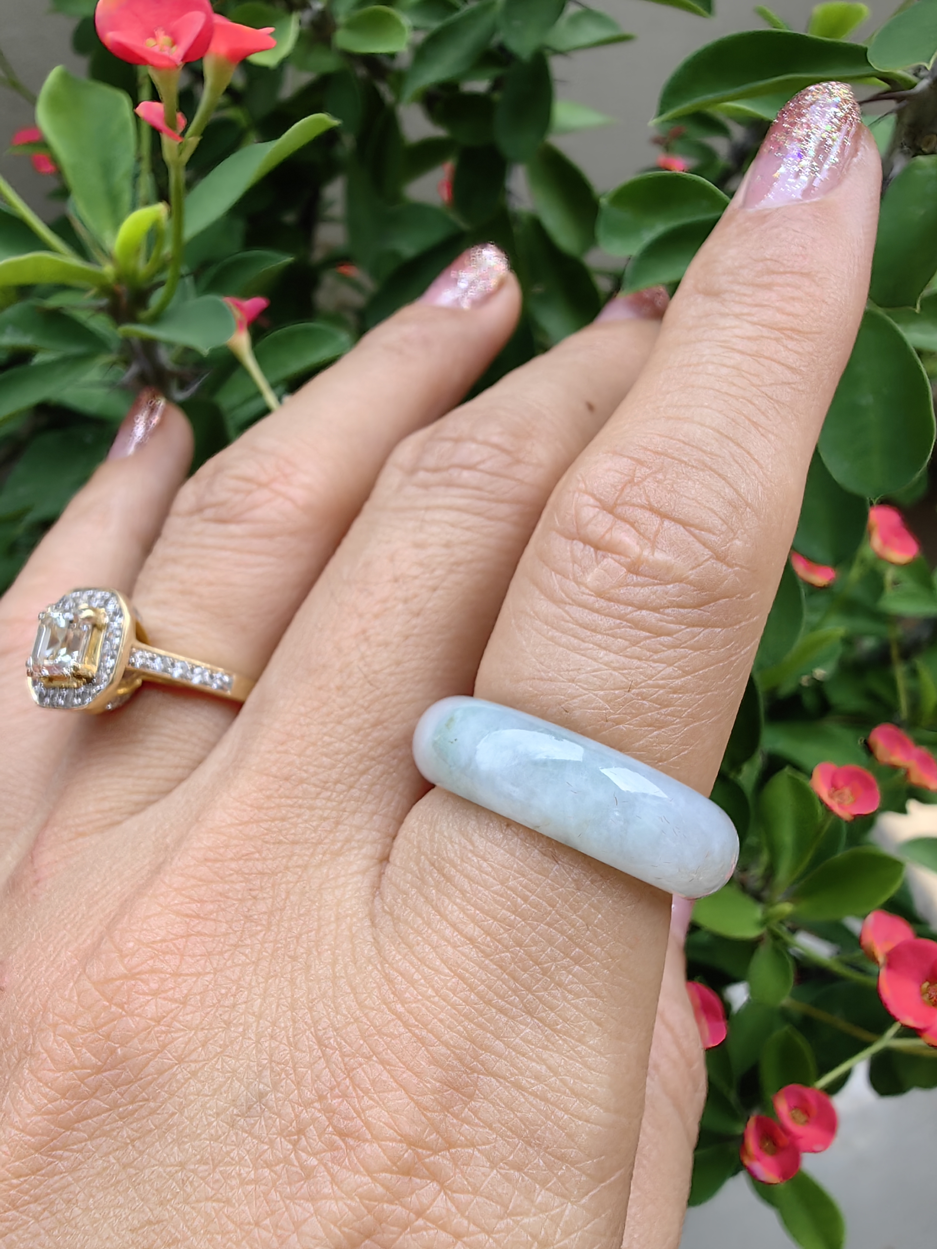 White- Light Green Burmese Jadeite Ring Mix Size แหวนหยกเจไดต์พม่า ขาว รวมไซส์