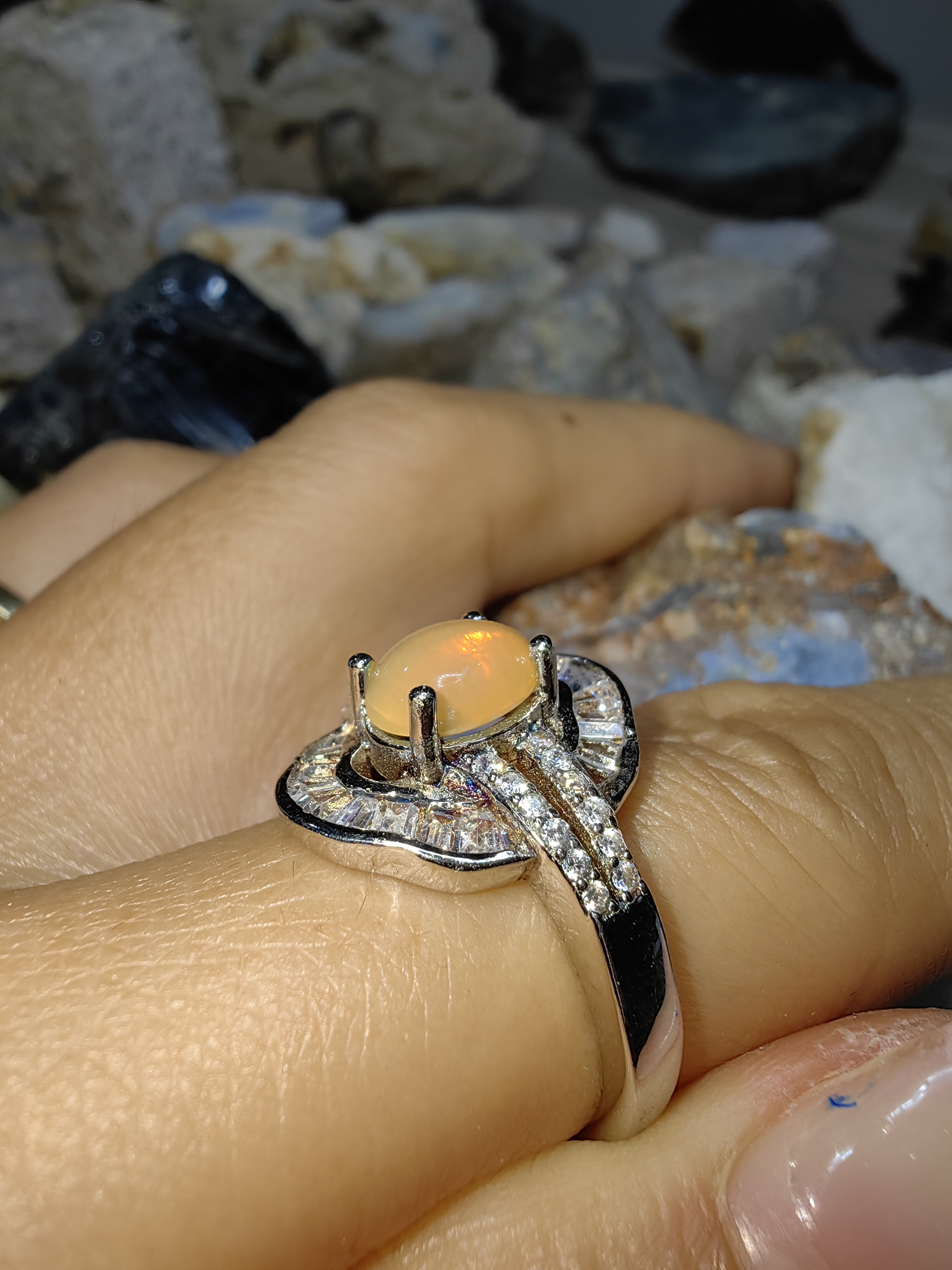 Opal, Swiss Diamond 925 Sterling Silver Ring แหวนโอปอ เพชรสวิส เงินแท้ 925 Size 52