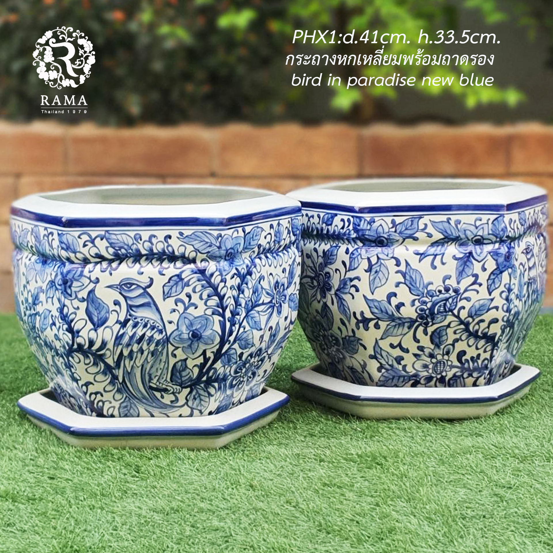 กระถางหกเหลี่ยมพร้อมจานรอง PHX1 ลายนกหรรษา