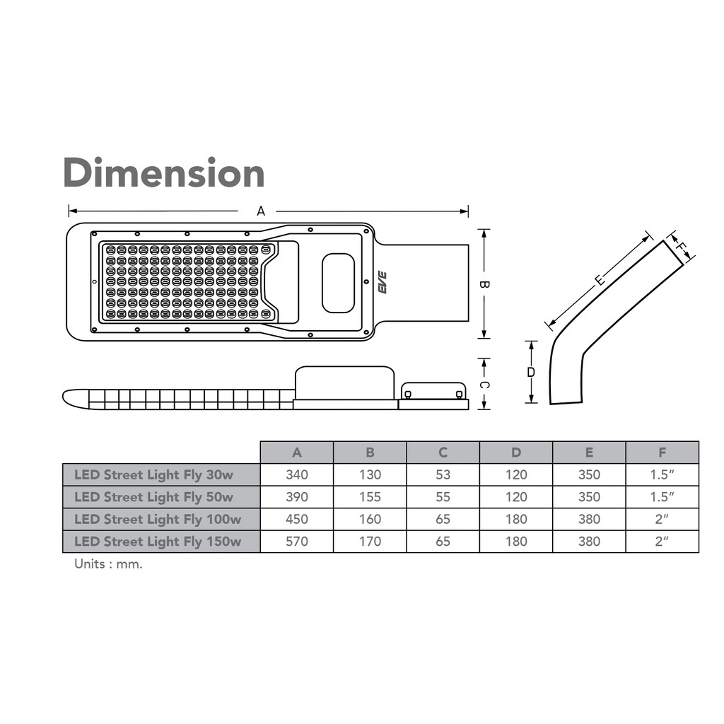โคมถนนLED Street Light Fly ขนาด 30W 50W 100W 150W รุ่น Fly แสงแสงขาว พร้อมขายึดในกล่อง