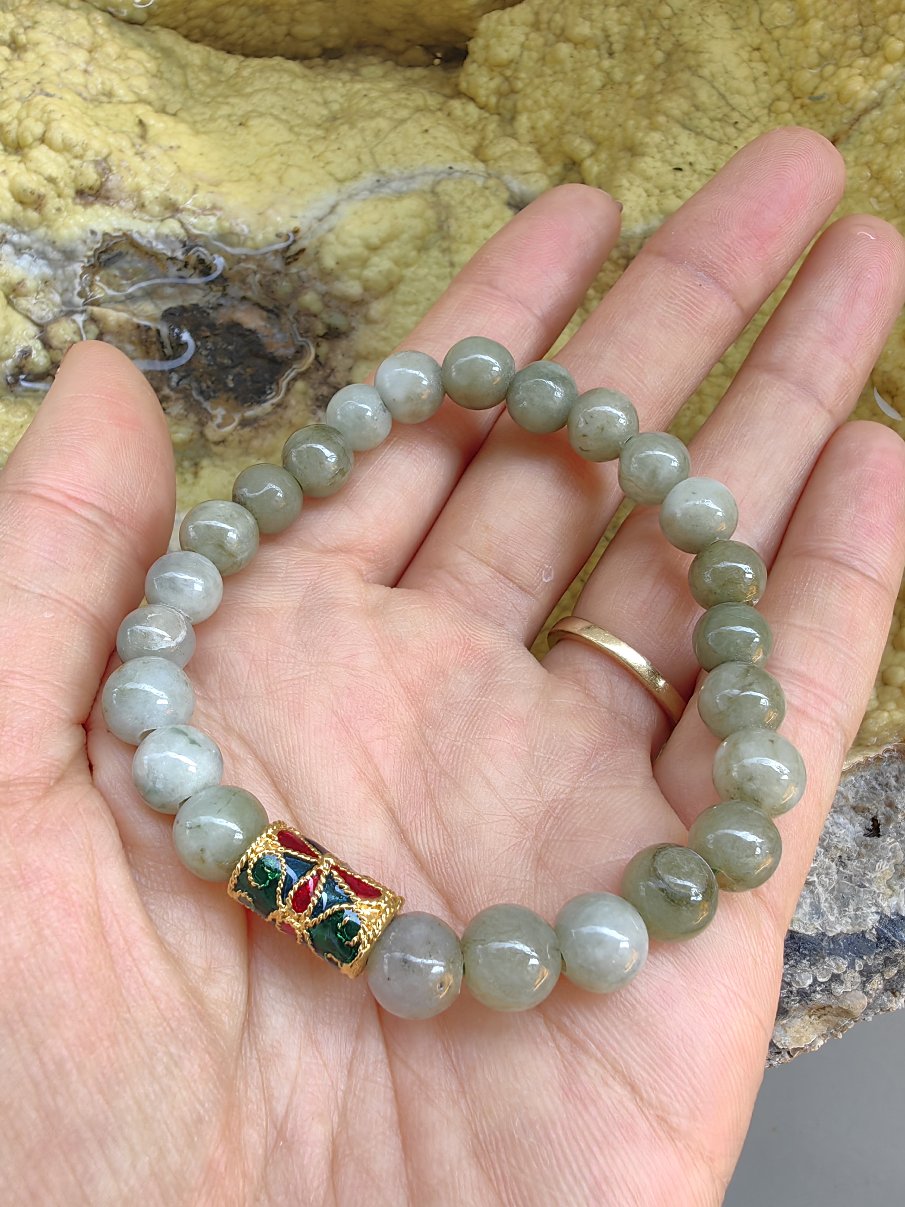 Burmese Jadeite Bracelets Thai Enamel Gold plated 8 mm. สร้อยข้อมือหยกพม่า ลงยาสุโขทัย กลม 8 มม. Free Size