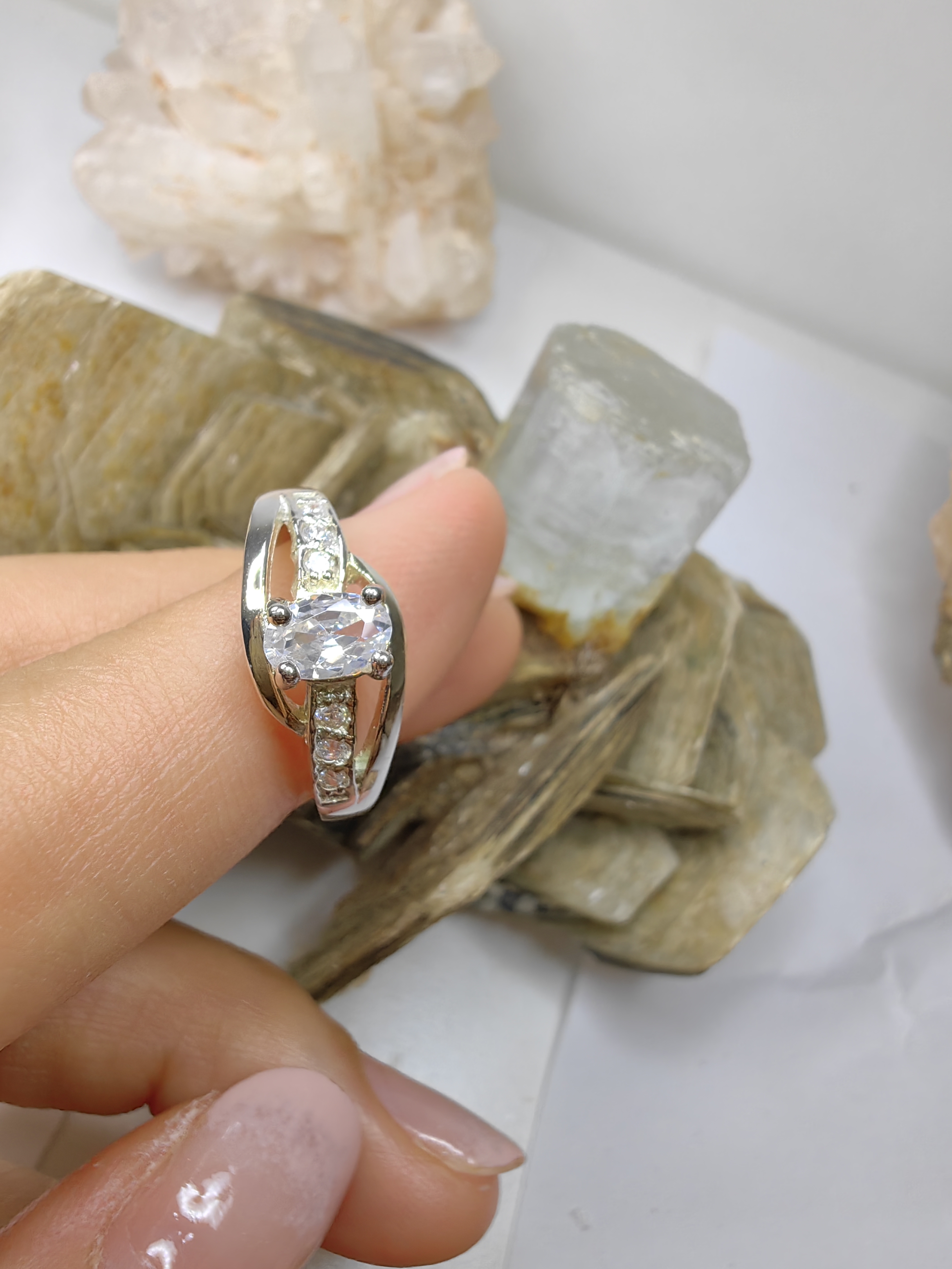 แหวนเพชร CZ เงินแท้ 92.5% Cubic Zirconia 925 Sterling Silver Ring Size 52, 55