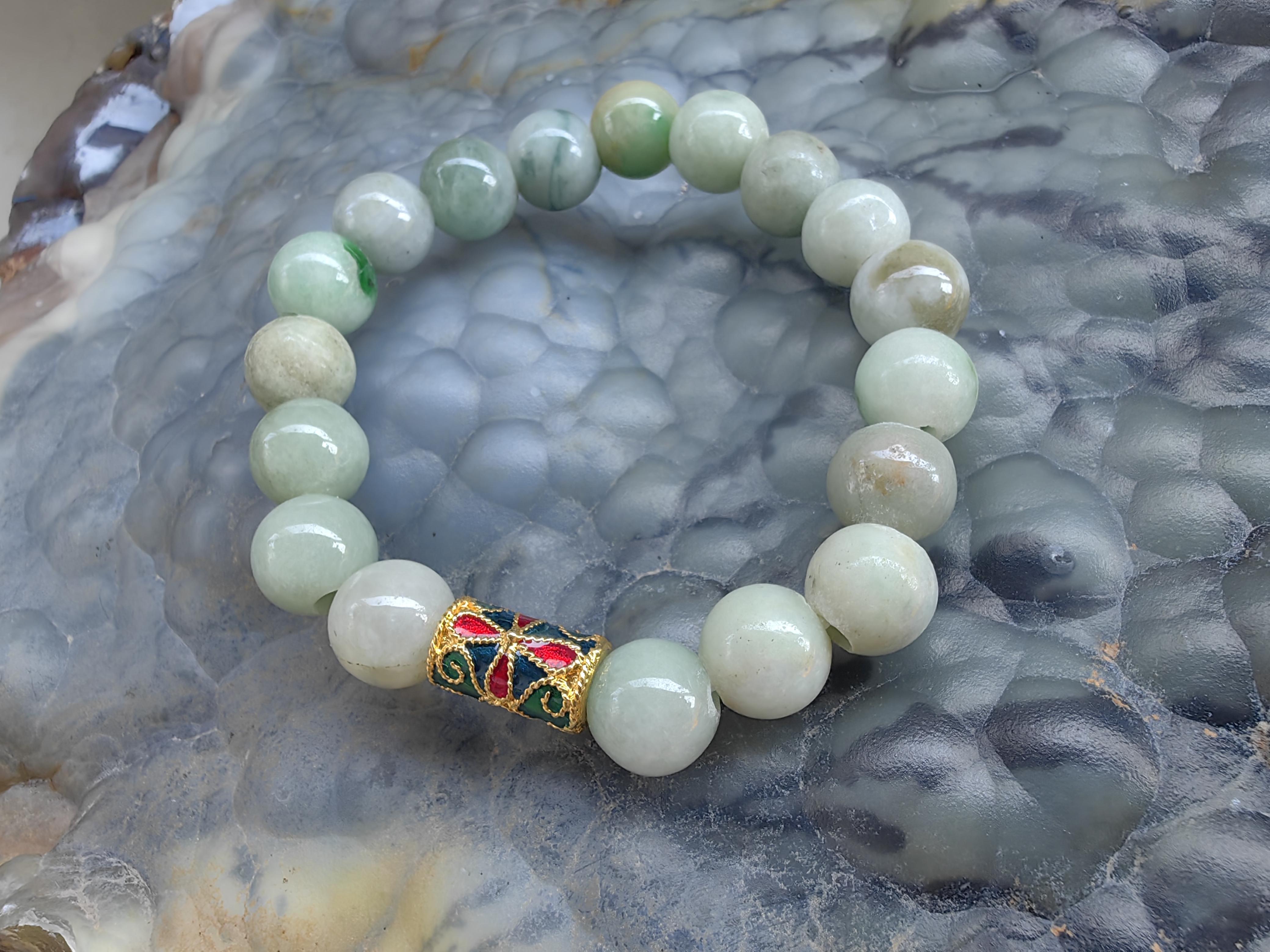 ฺBurmese Jadeite Bracelets Thai Enamel Gold plated 10 mm. สร้อยข้อมือหยกพม่า ลงยาสุโขทัย กลม 10 มม. Free Size
