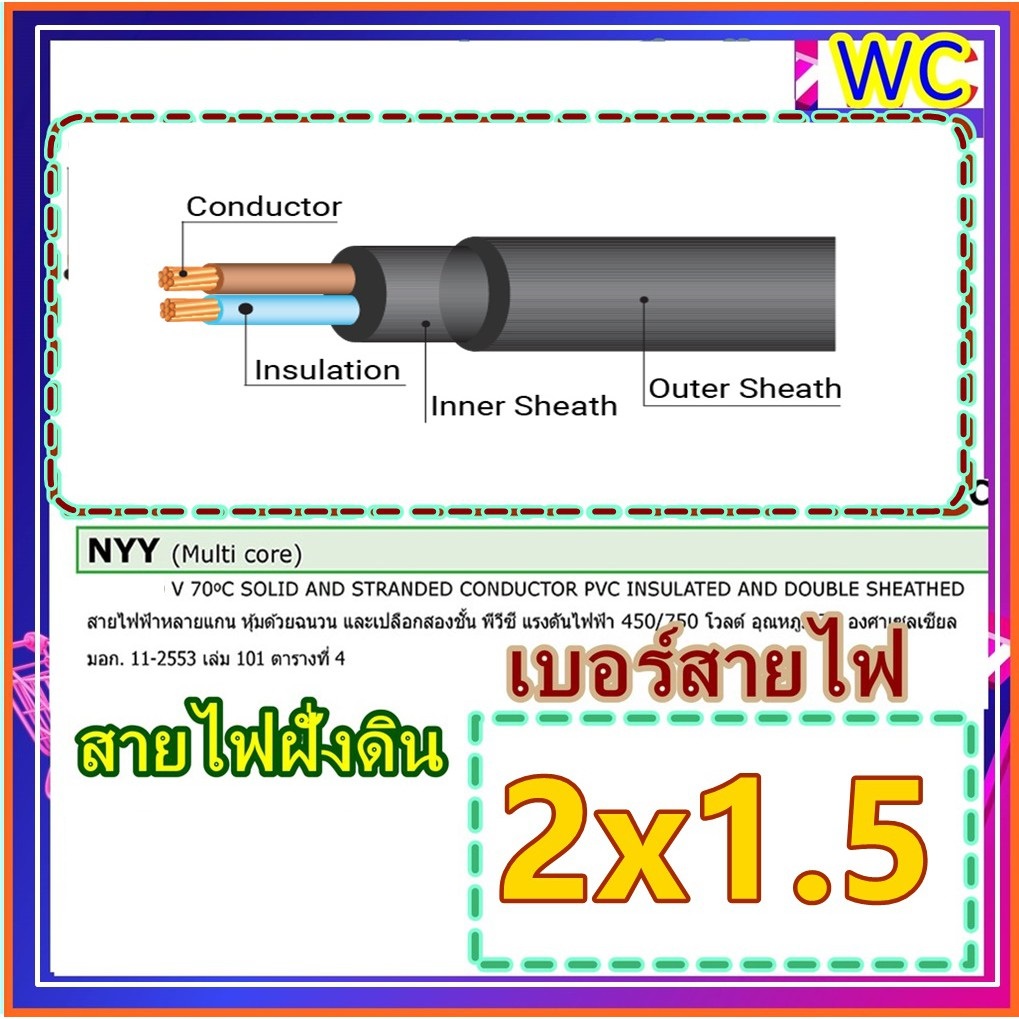 สายไฟทองแดง สายไฟฝั่งดิน NYY 2x1.5 สายเบอร์1.5 ความยาว 100เมตร สายไฟฝั่งดิน มาตรฐานการไฟฟ้า แบรน์ANT