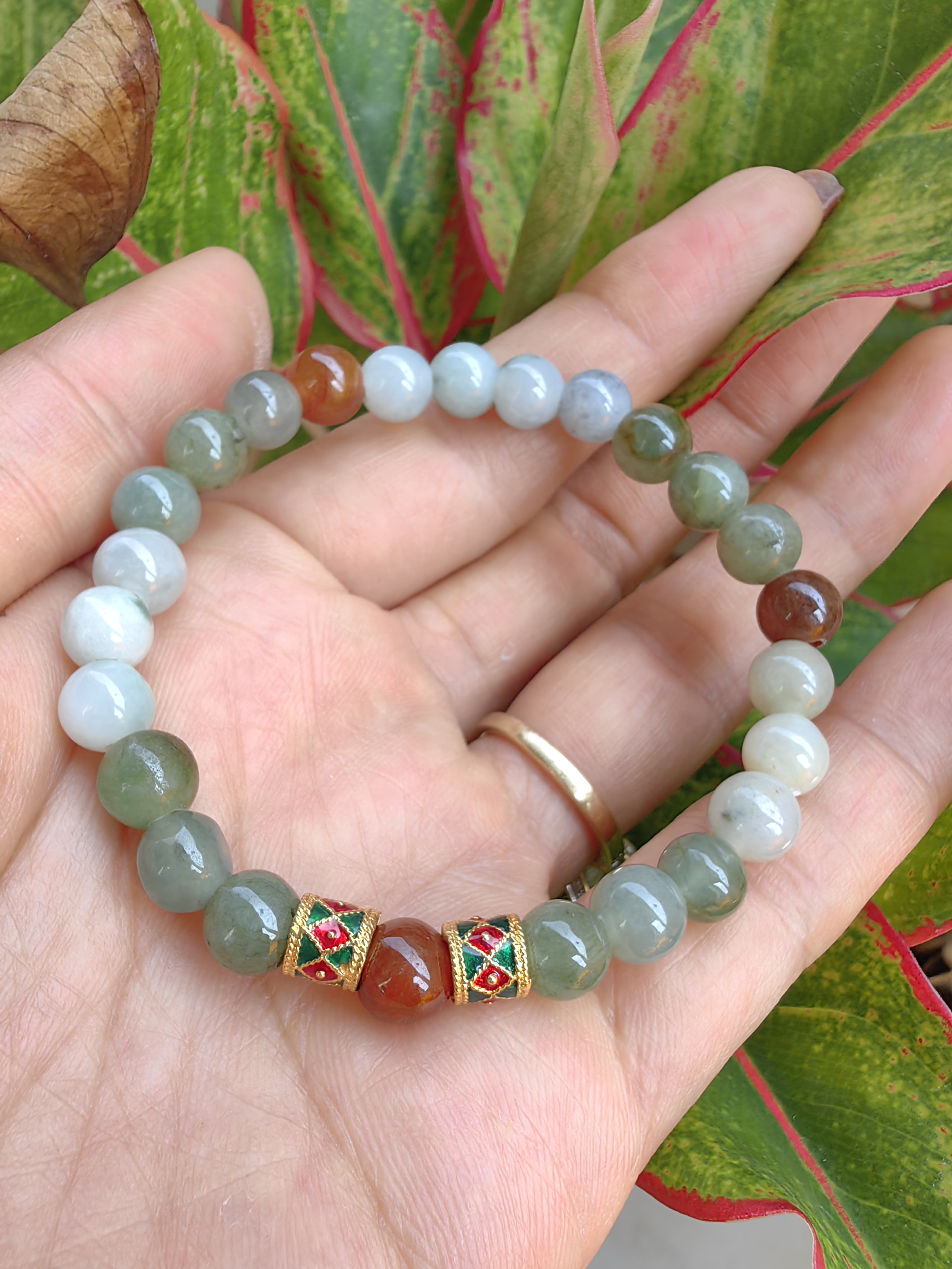 Burmese Jadeite Bracelets Thai Enamel Gold plated 7 mm. สร้อยข้อมือหยกพม่า ลงยาสุโขทัย กลม 7 มม. Free Size