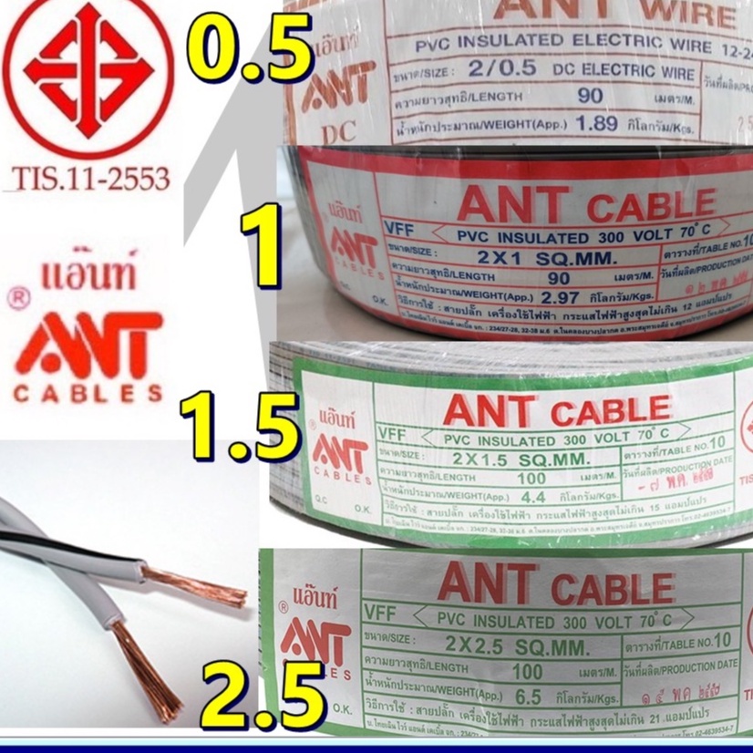 แบ่งตัด10เมตร สายไฟอ่อน VFF 2 x 0.5 1 1.5 2.5 SQ.MM. ยี่ห้อ ANT มี มอก. แบบแบ่งขาย ราคาถูก