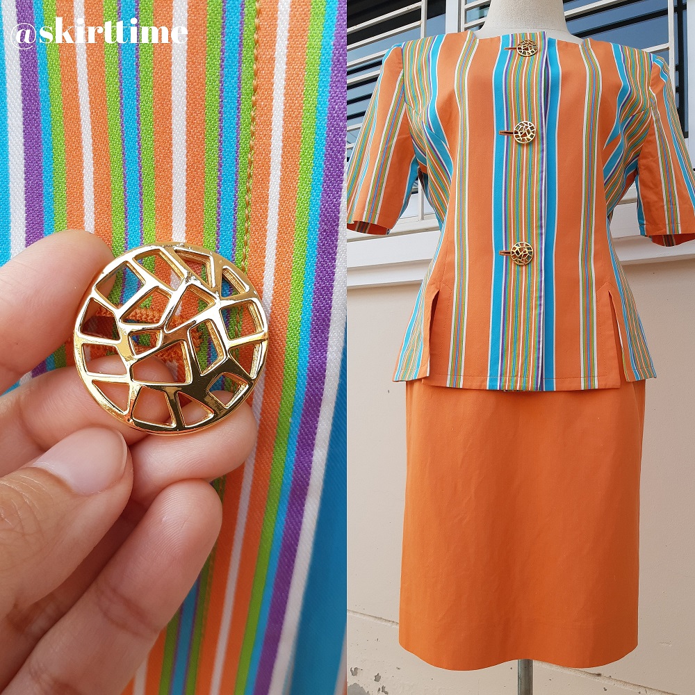 ชุดเซ็ตกระโปรงวินเทจลายทางสีส้ม-ฟ้า แบรนด์ Guy Laroche (Vintage outfits)