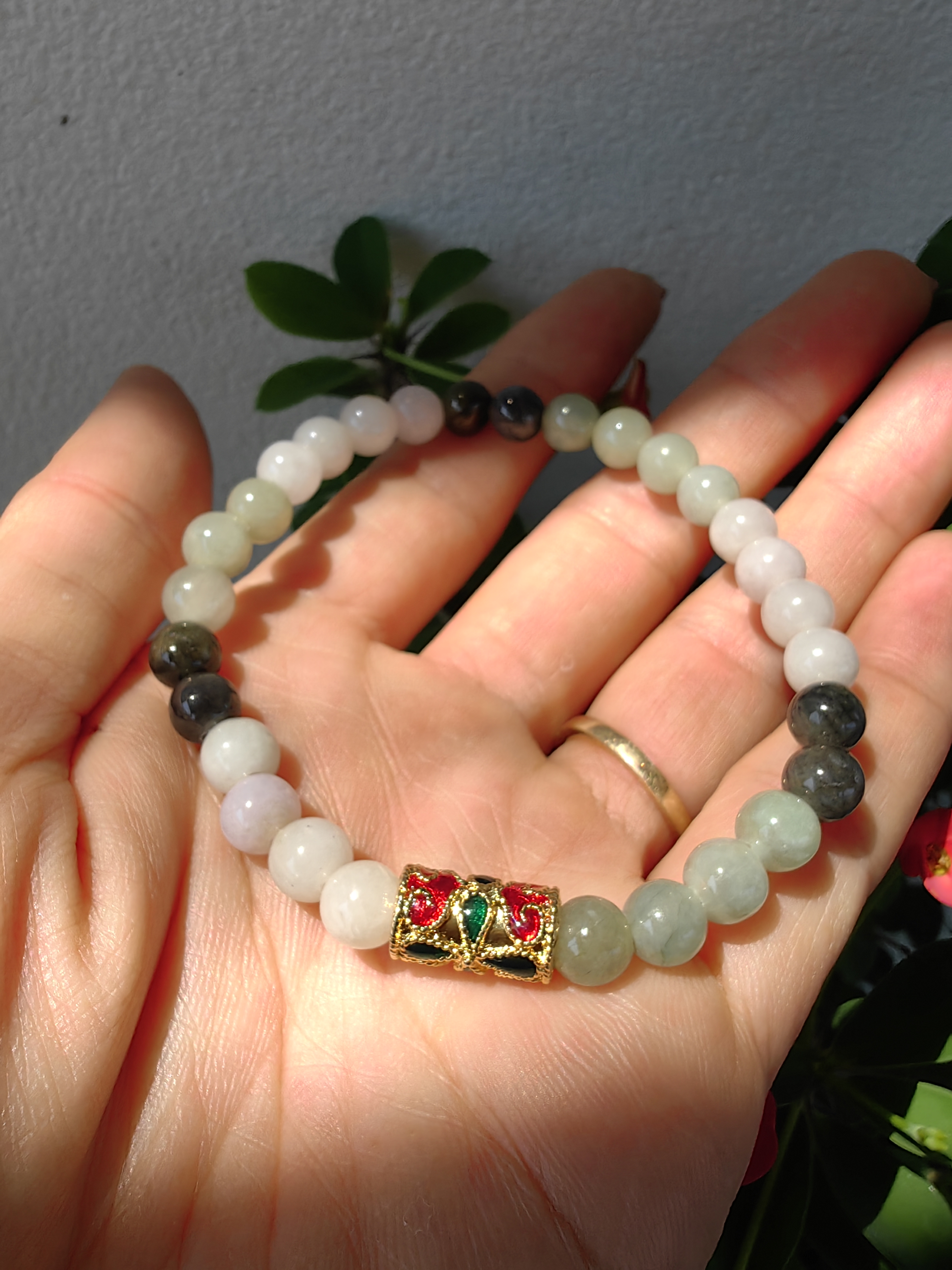 Burmese Jadeite Bracelets Thai Enamel Gold plated 7 mm. สร้อยข้อมือหยกพม่า ลงยาสุโขทัย กลม 7 มม. Free Size