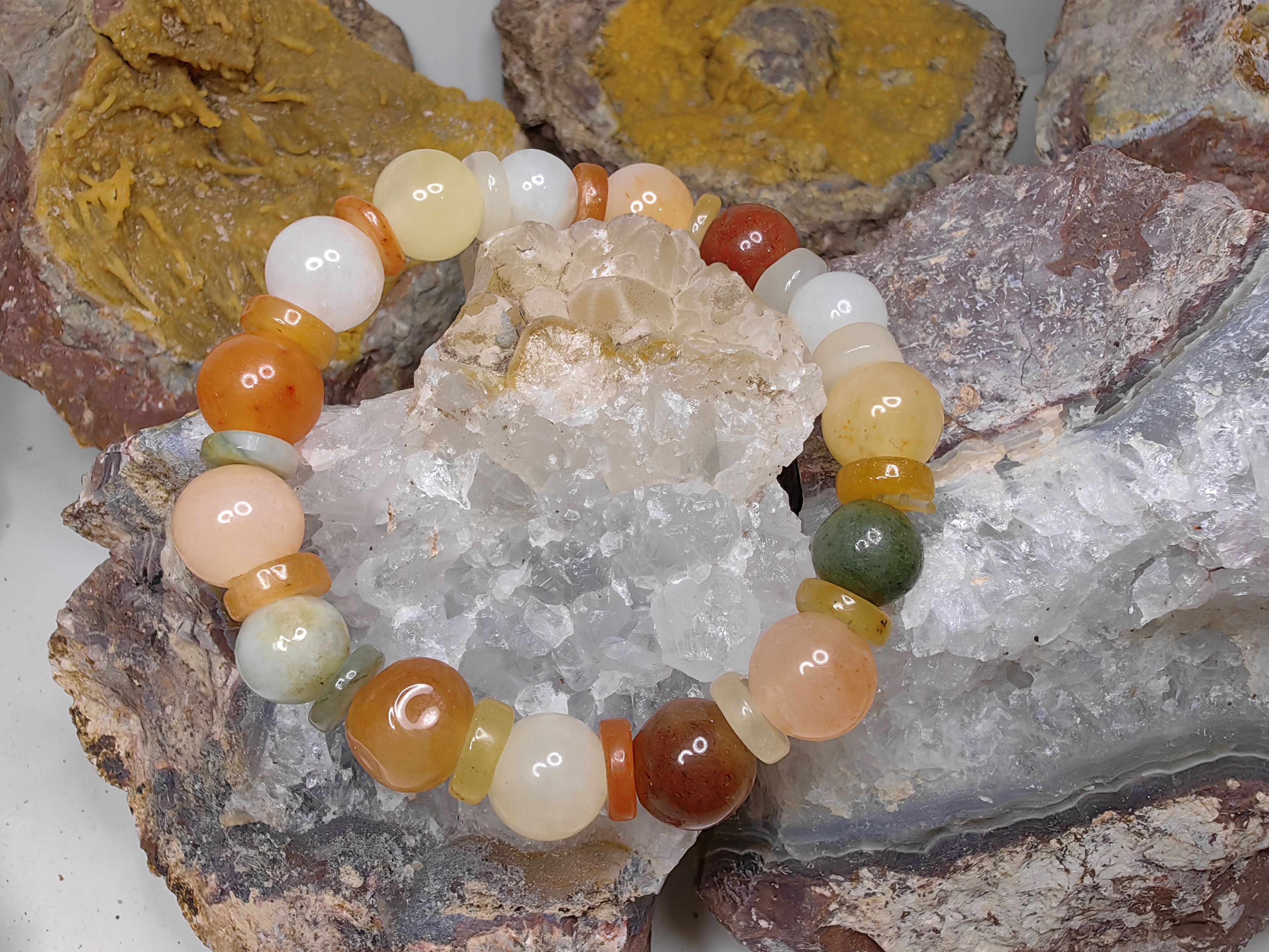 Orange White Yellow Brown Green Burmese Jadeite Bracelets Round 11 mm. กำไลข้อมือหยกพม่า กลม 11 mm. Free Size