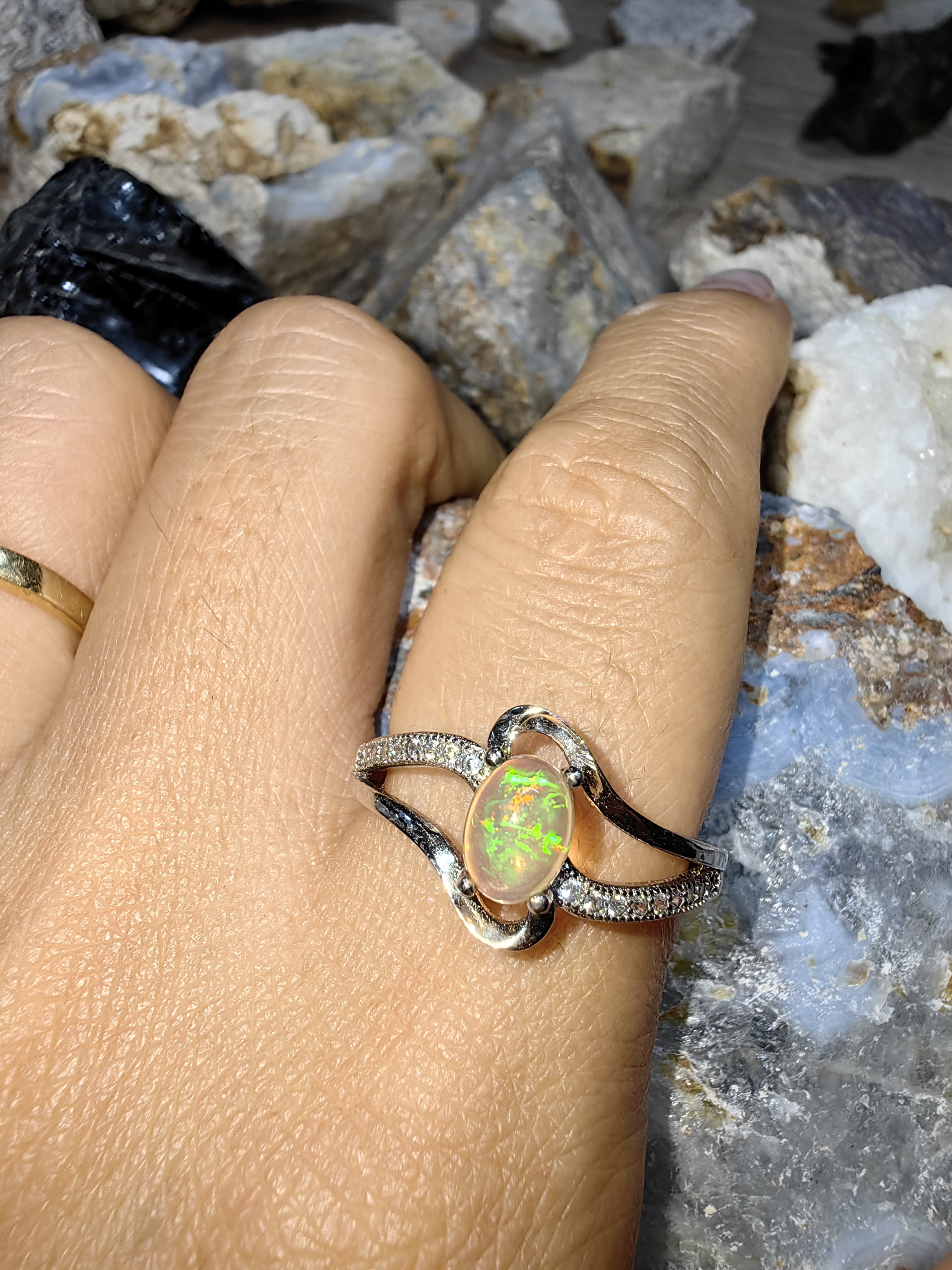 Opal, Swiss Diamond 925 Sterling Silver Ring แหวนโอปอ เพชรสวิส เงินแท้ 925 Size 56