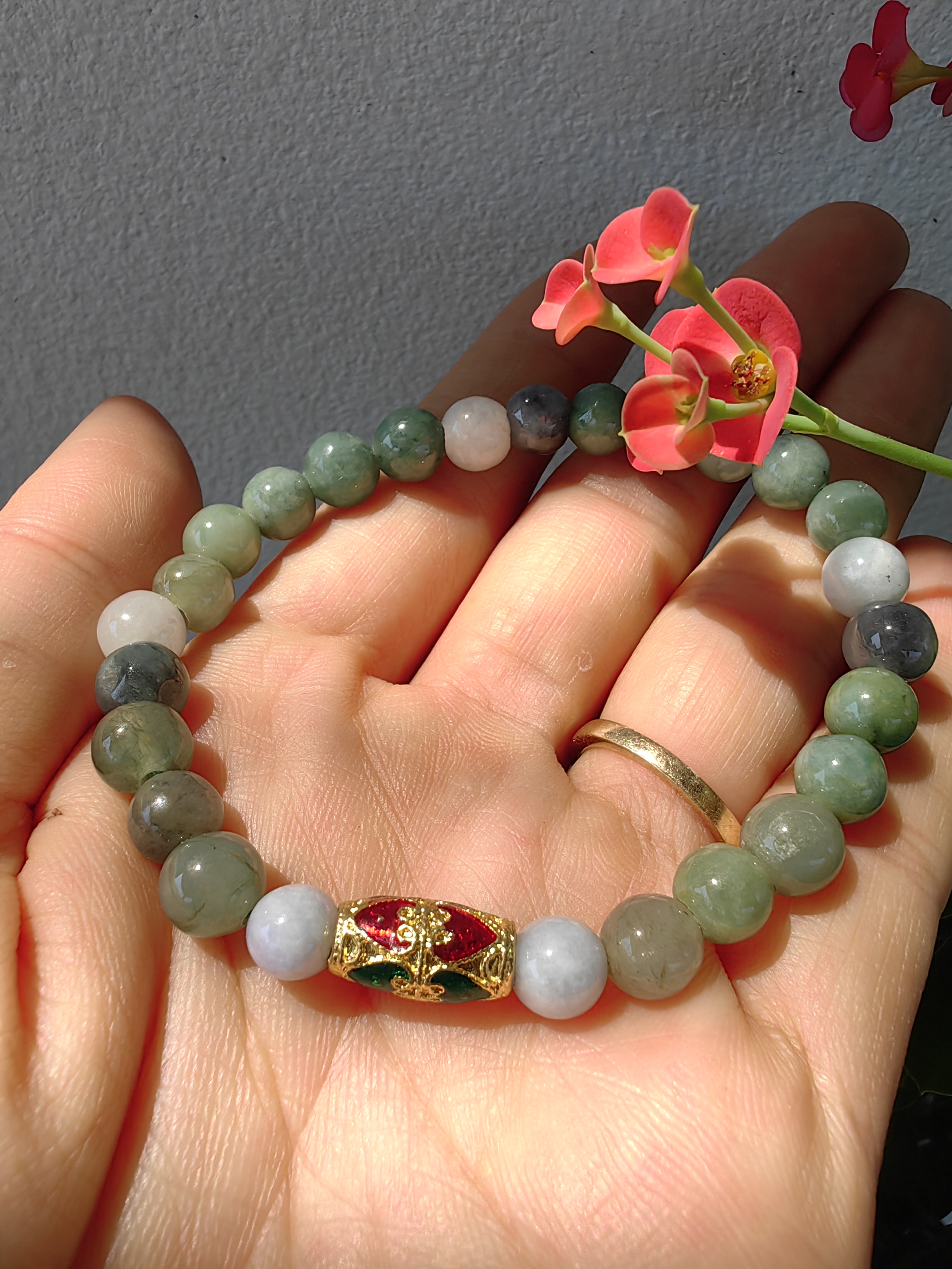 Burmese Jadeite Bracelets Thai Enamel Gold plated 7 mm. สร้อยข้อมือหยกพม่า ลงยาสุโขทัย กลม 7 มม. Free Size
