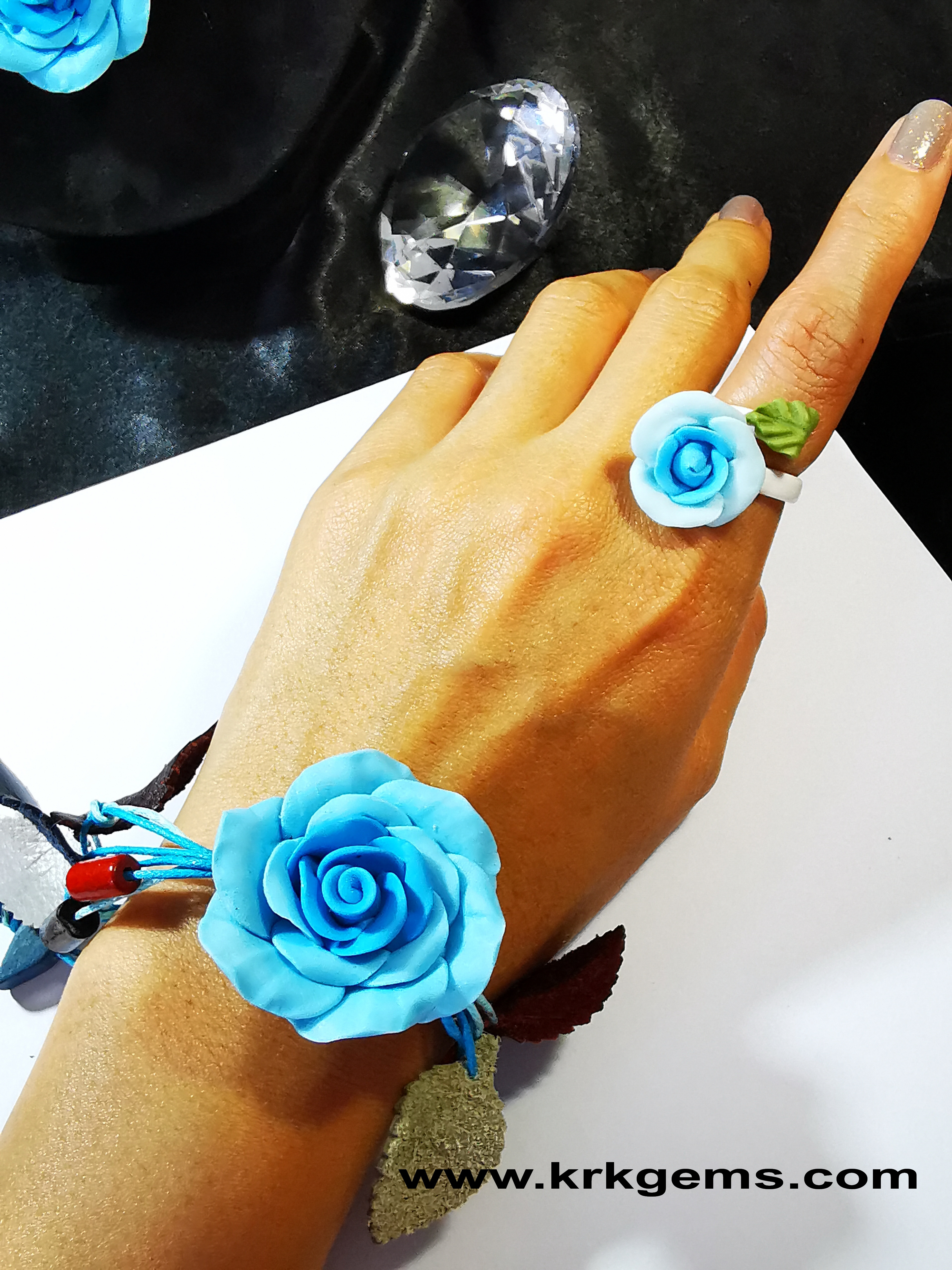PASTEL BLUE ROSE HANDMADE CLAY RING