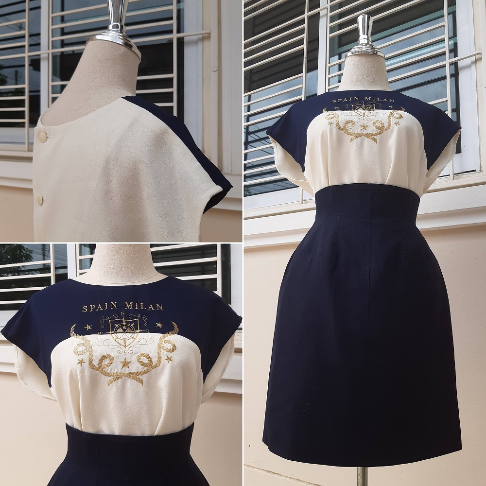 ชุดเซ็ตกระโปรงวินเทจเอวสูงสีกรมท่า กับ เสื้องานปัก navy style