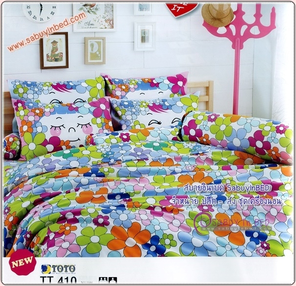 ผ้าปูที่นอนลายดอกไม้ ดอกเล็กใหญ่เต็มผืน โทนสีชมพู ส้ม ฟ้า เขียว - TT410 ชมพู - ชุดเครื่องนอนโตโต้ลายดอกกุหลาบ TOTO ไม่มีรอยต่อ ยางยืดรัดรอบที่นอน
