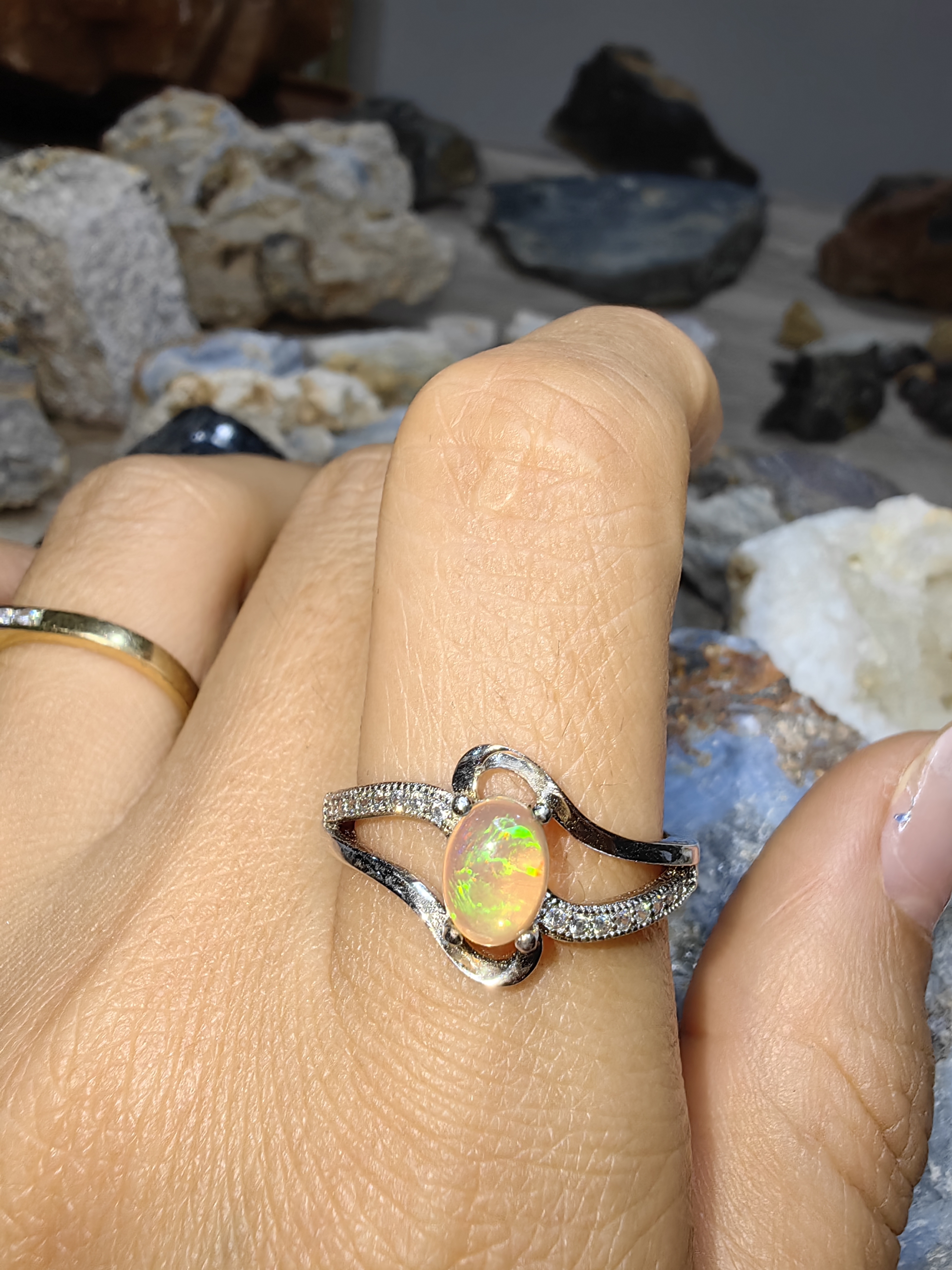 Opal, Swiss Diamond 925 Sterling Silver Ring แหวนโอปอ เพชรสวิส เงินแท้ 925 Size 56