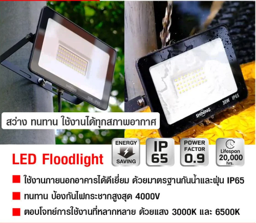 SHINING โคมไฟฟลัดไลท์ สปอตไลท์ภายนอก IP65 กันน้ำกันฝุ่น ขนาด 20,30,50 และ 100 วัตต์ แสงขาวและแสงส้ม