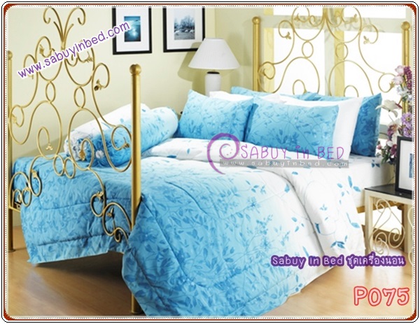 ชุดเครื่องนอน ผ้าปูที่นอน กันไรฝุ่น Satin ซาตินพรีเมียร์ ลาย P075 (ฟ้า ขาว อันนี้ก็เหมาะกับคนชอบสีฟ้าค่ะ แต่ลายมันจะมีขาวแซม ๆ นะคะ)