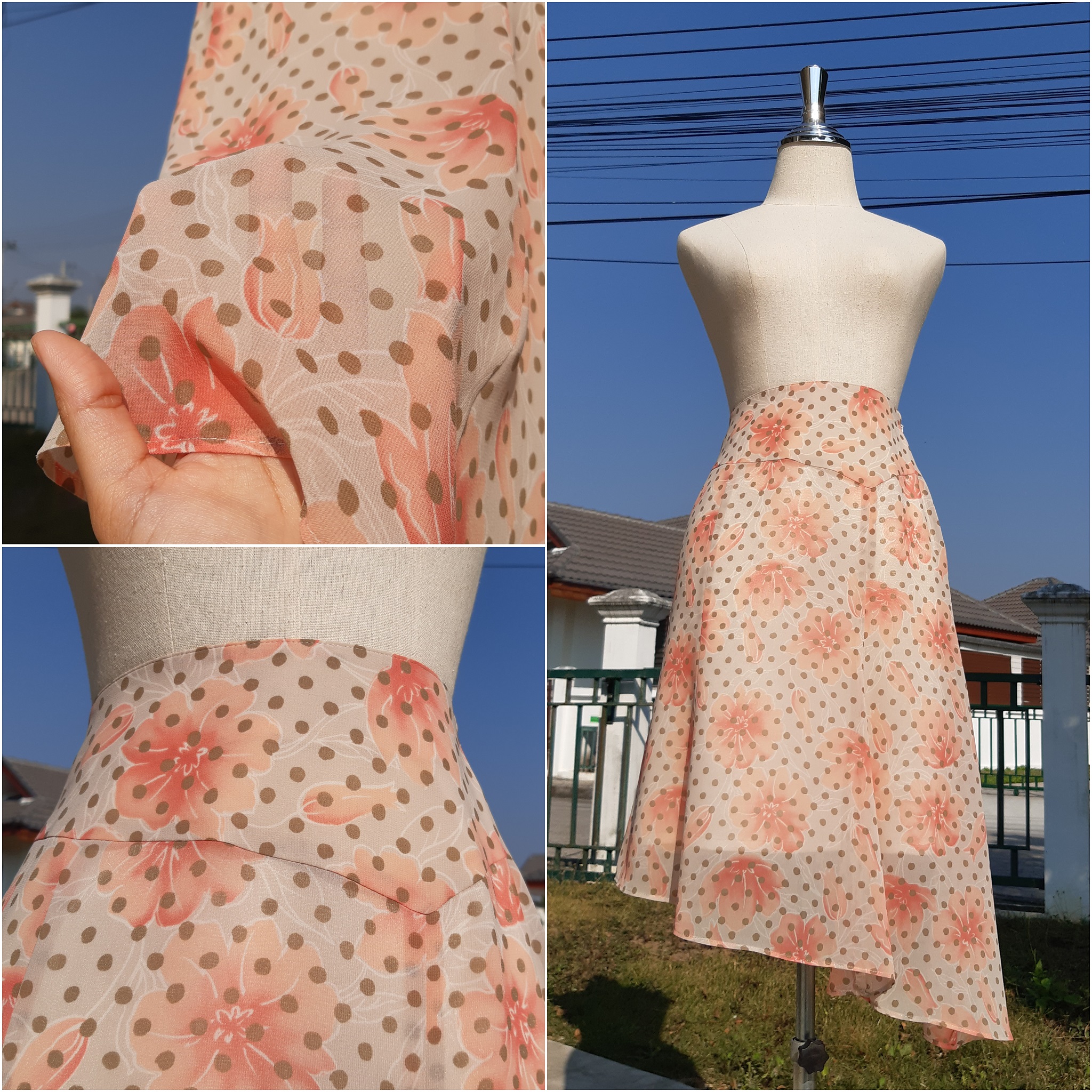 กระโปรงชีฟองลายดอกไม้สีส้ม