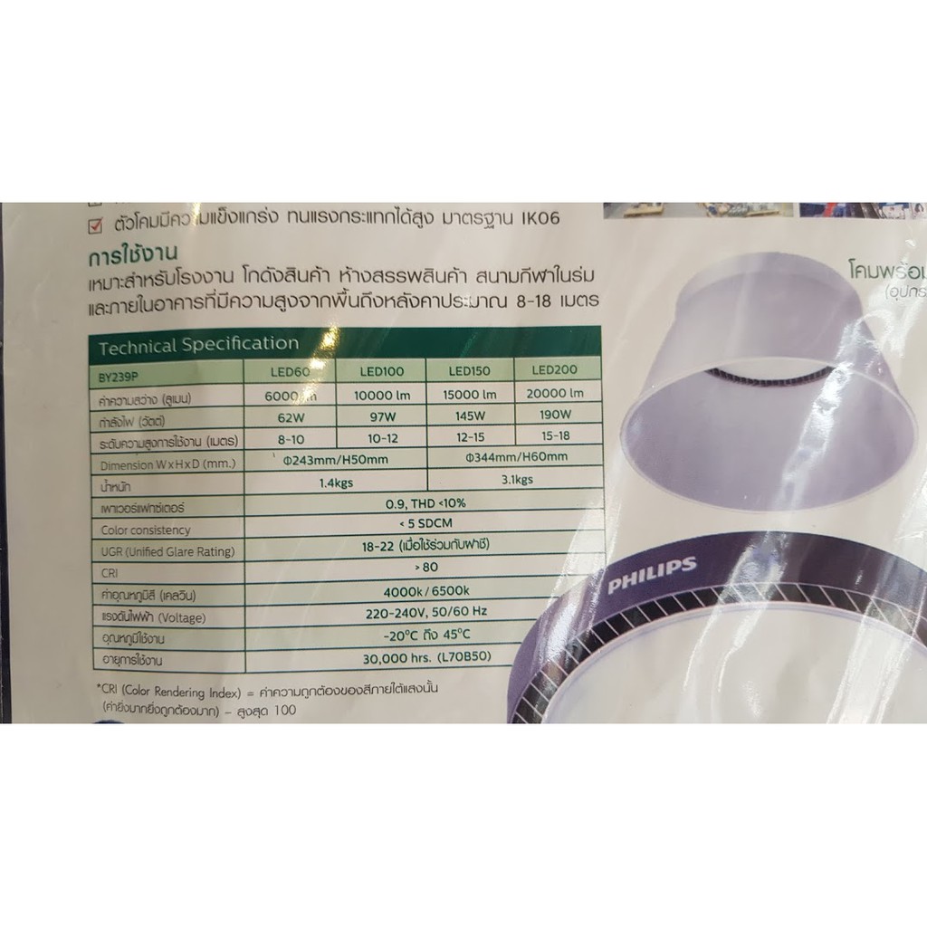 PHILIPS Highbay โคม ไฮเปย์ ( BY239 ราคาร่วมภาษ๊) เลือกWATT 60W 100W 150W 200W แสงขาว ประกัน3ปี