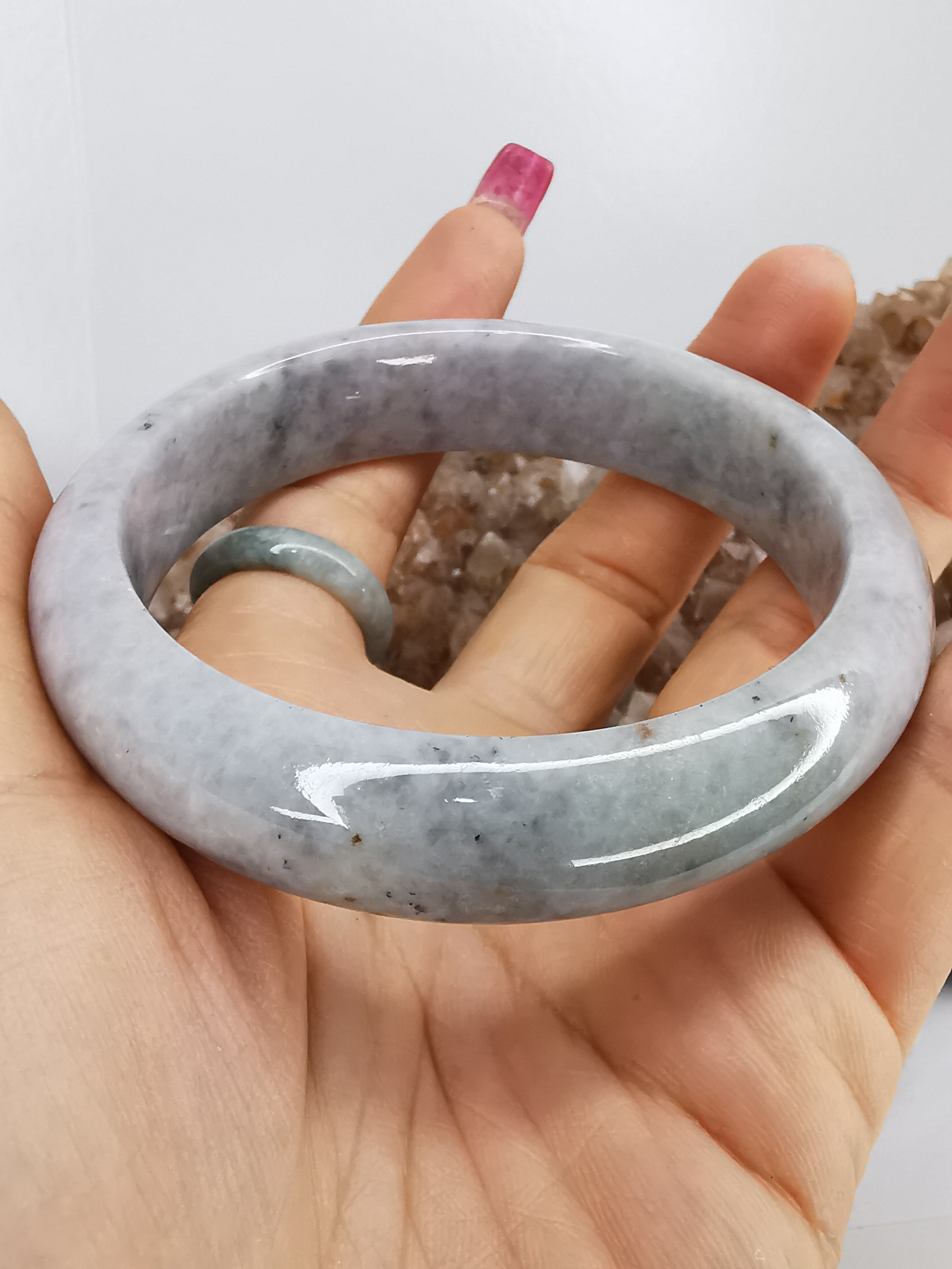 White Green Grey Blue Bangle กำไลหยกเจไดต์แท้ Diameter/ เส้นผ่านศูนย์กลางด้านใน 63 mm.