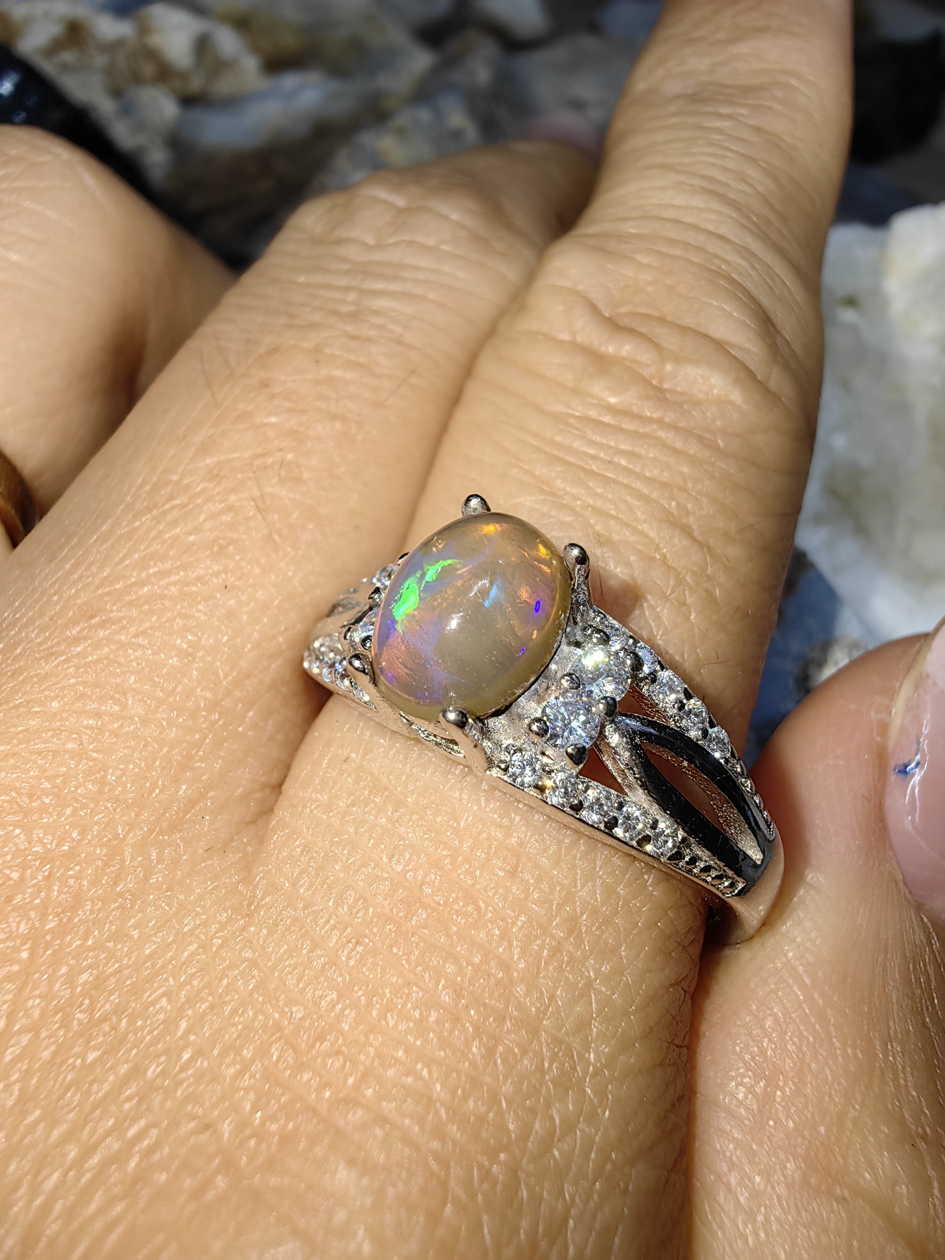Opal, Swiss Diamond 925 Sterling Silver Ring แหวนโอปอ เพชรสวิส เงินแท้ 925 Size 60