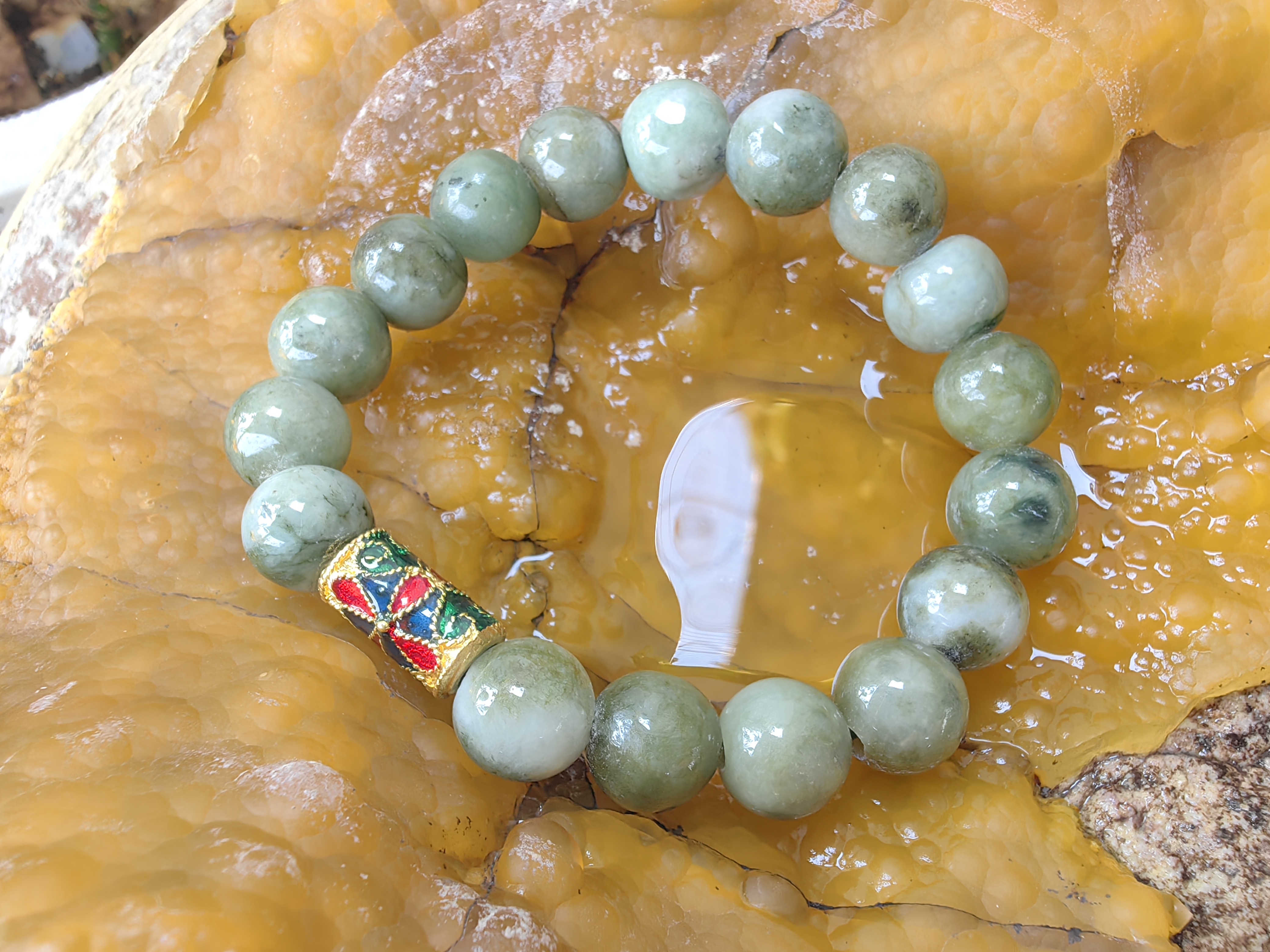 ฺBurmese Jadeite Bracelets Thai Enamel Gold plated 10 mm. สร้อยข้อมือหยกพม่า ลงยาสุโขทัย กลม 10 มม. Free Size