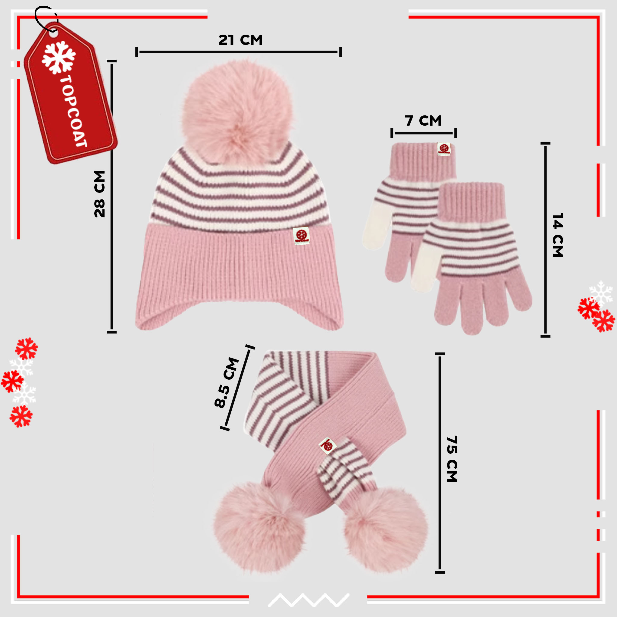 เซ็ทถุงมือ หมวกและผ้าพันคอแบบสวมสำหรับเด็กลายเส้น มีจุกเฟอร์ตกเเต่งที่หมวกและผ้าพันคอ