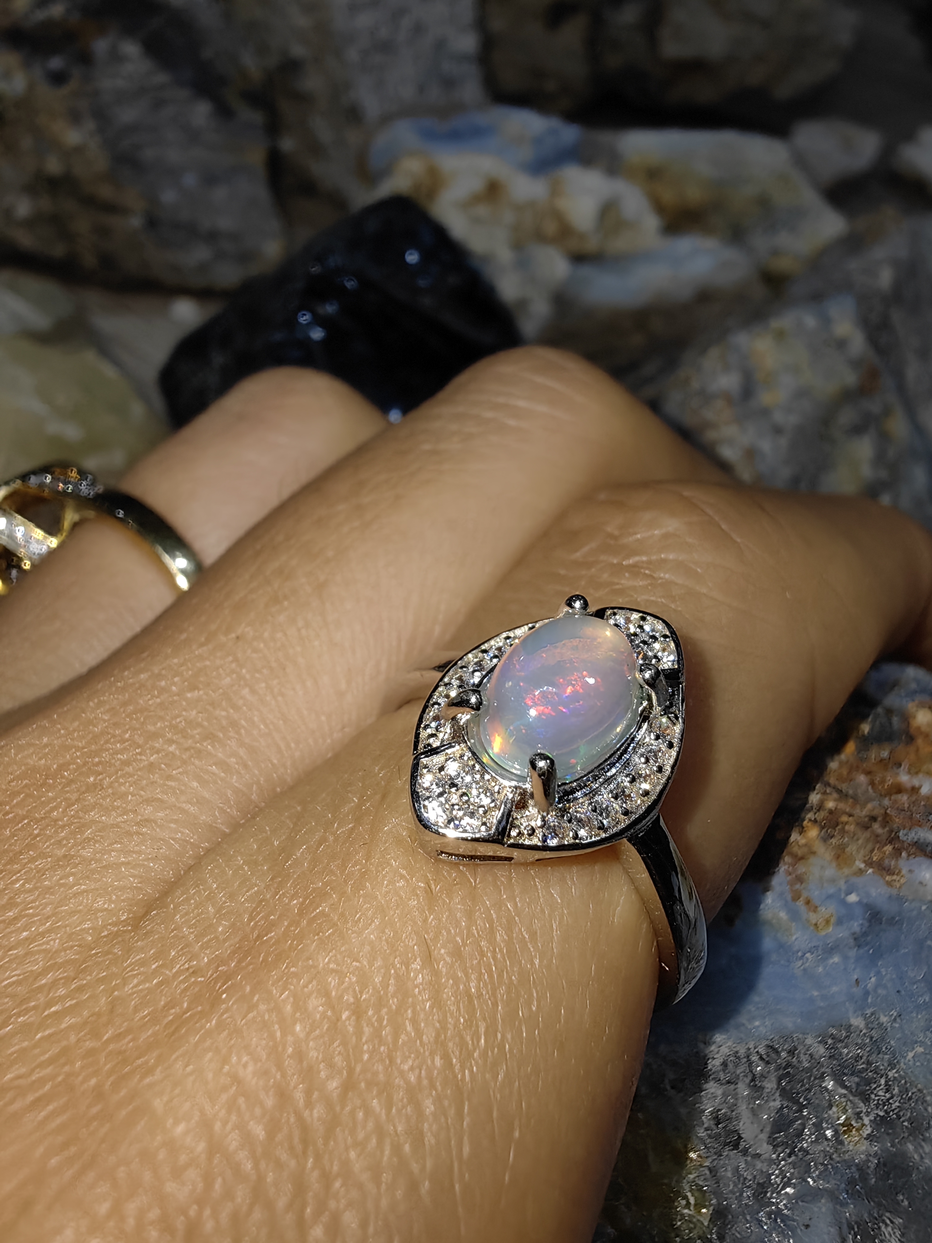 Opal, Swiss Diamond 925 Sterling Silver Ring แหวนโอปอ เพชรสวิส เงินแท้ 925 Size 54