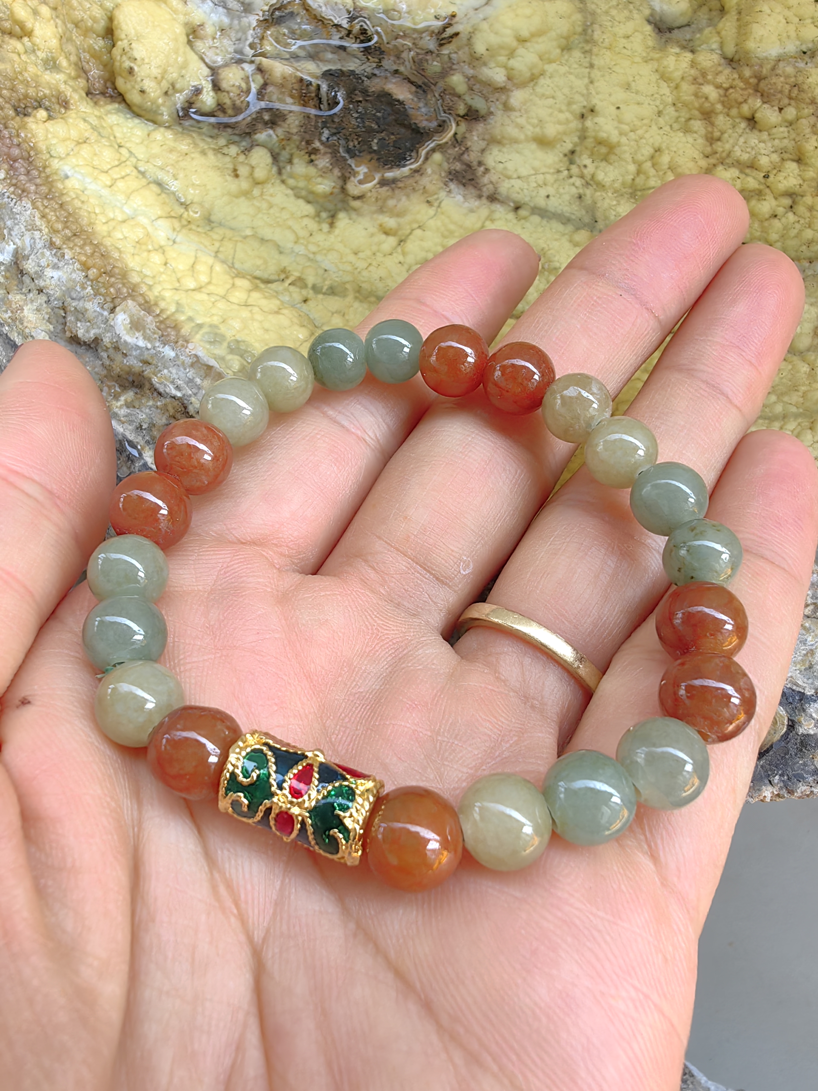 Burmese Jadeite Bracelets Thai Enamel Gold plated 8 mm. สร้อยข้อมือหยกพม่า ลงยาสุโขทัย กลม 8 มม. Free Size