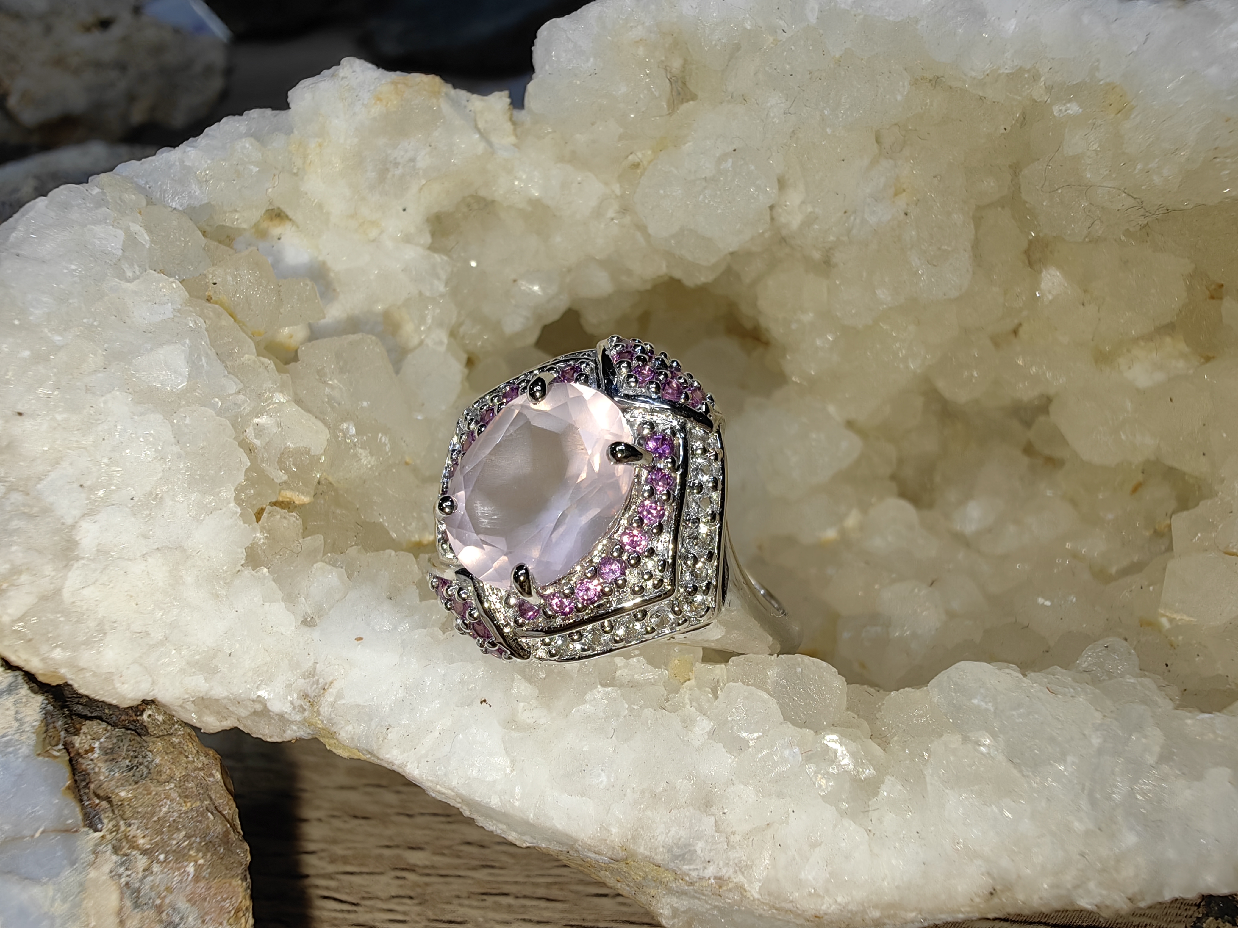 ROSE QUARTZ RHODOLITE RING