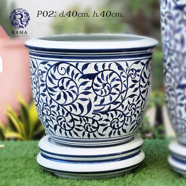 กระถางเซรามิค พร้อมถาดรอง P02 ขนาดกว้าง 16" ลายสบันงา