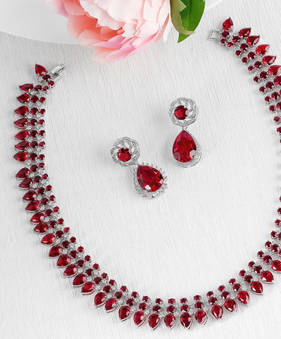 RUBY DIAMOND 18K WHITE GOLD NECKLACE EARRING สร้อยคอ ต่างหู ทับทิม ล้อมเพชร ทอง 18K Pre-order
