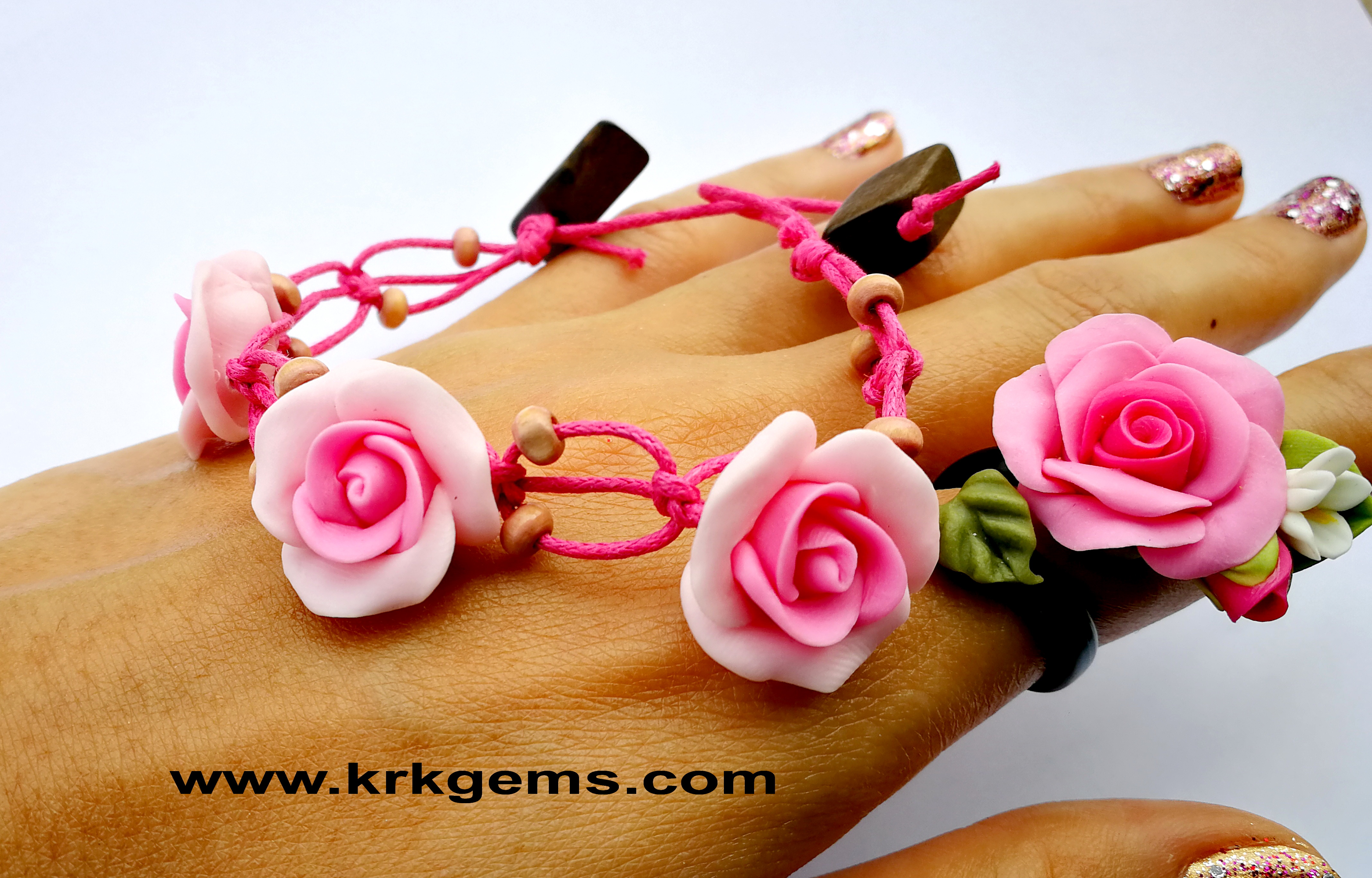 PINK 3 ROSE HANDMADE CLAY BRACELET