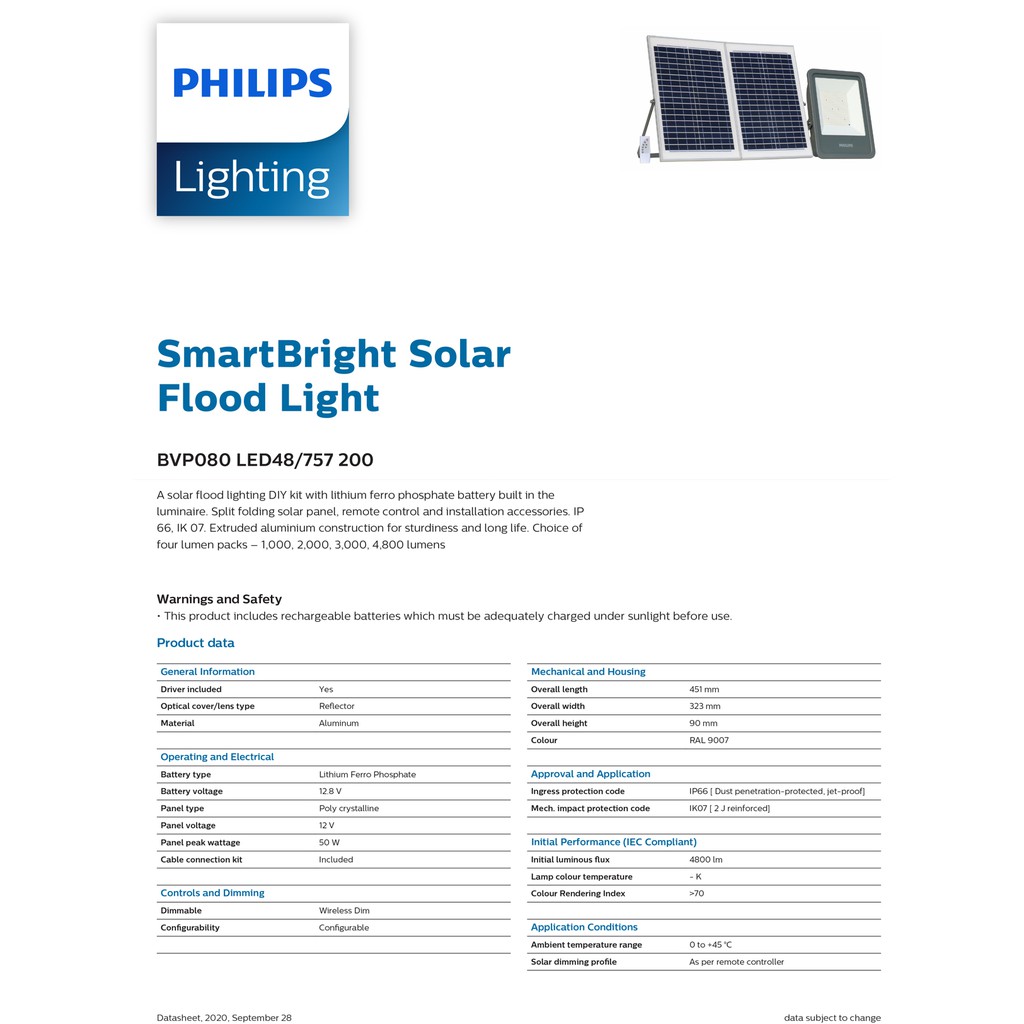 Philips โคมโซล่าเซลล์ 300W สปอร์ตไลทโซล่าเซลล์ BVP080 30W ฟิลิปส์ SmartBright SolarFloodLightphilips ประกัน2ปี