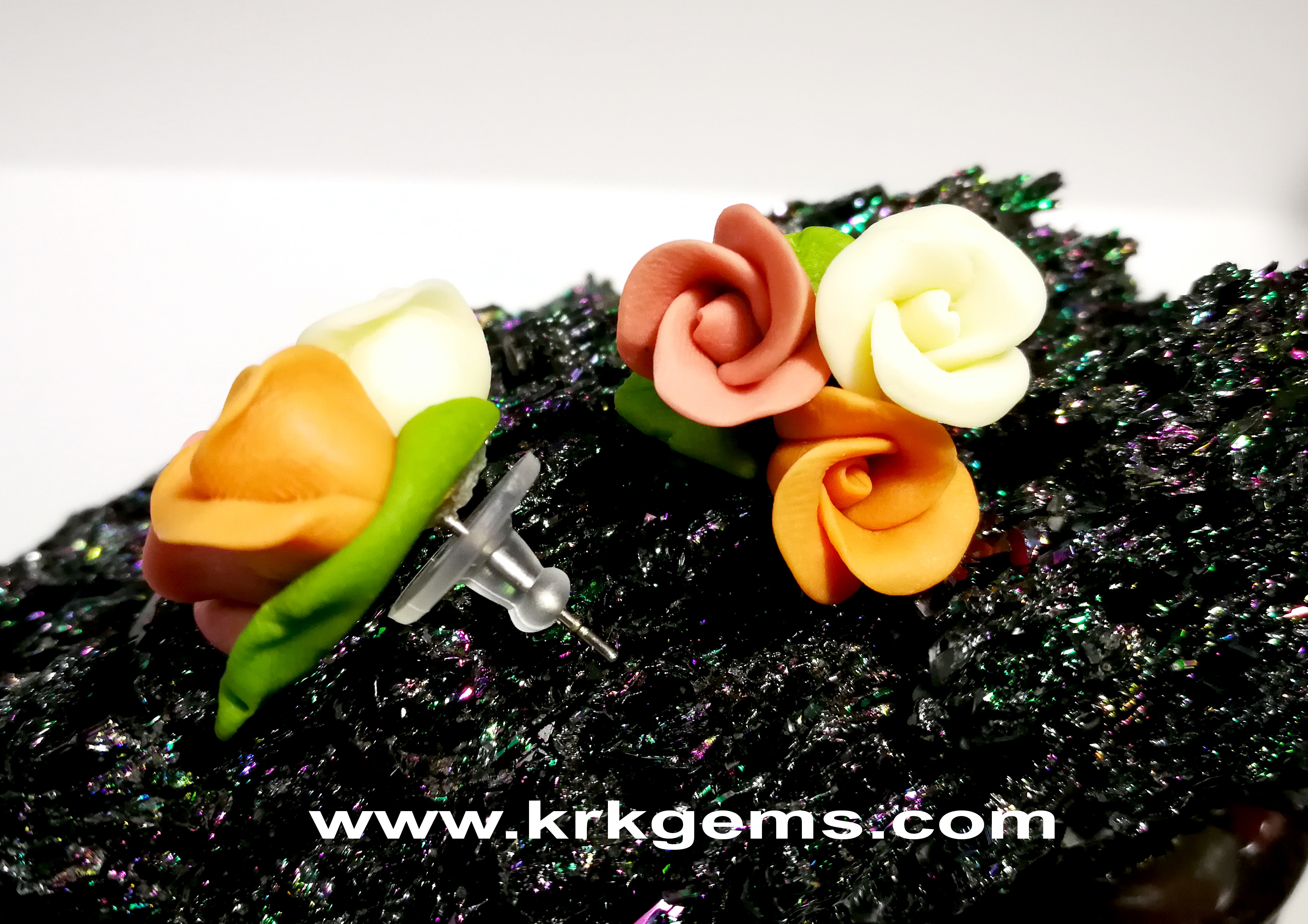 PASTEL PINK ORANGE WHITE 3ROSE HANDMADE CLAY EARRING