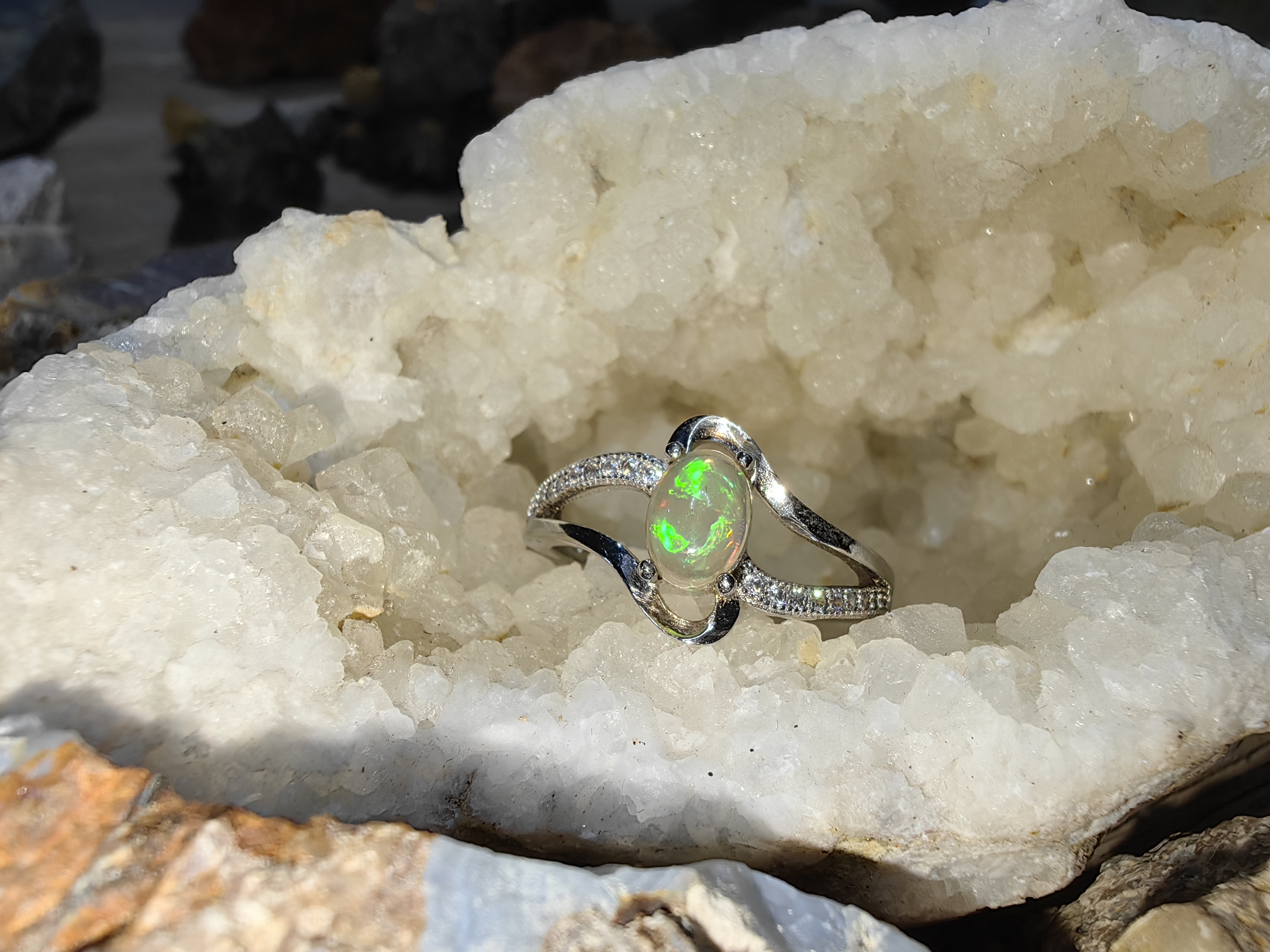 Opal, Swiss Diamond 925 Sterling Silver Ring แหวนโอปอ เพชรสวิส เงินแท้ 925 Size 56