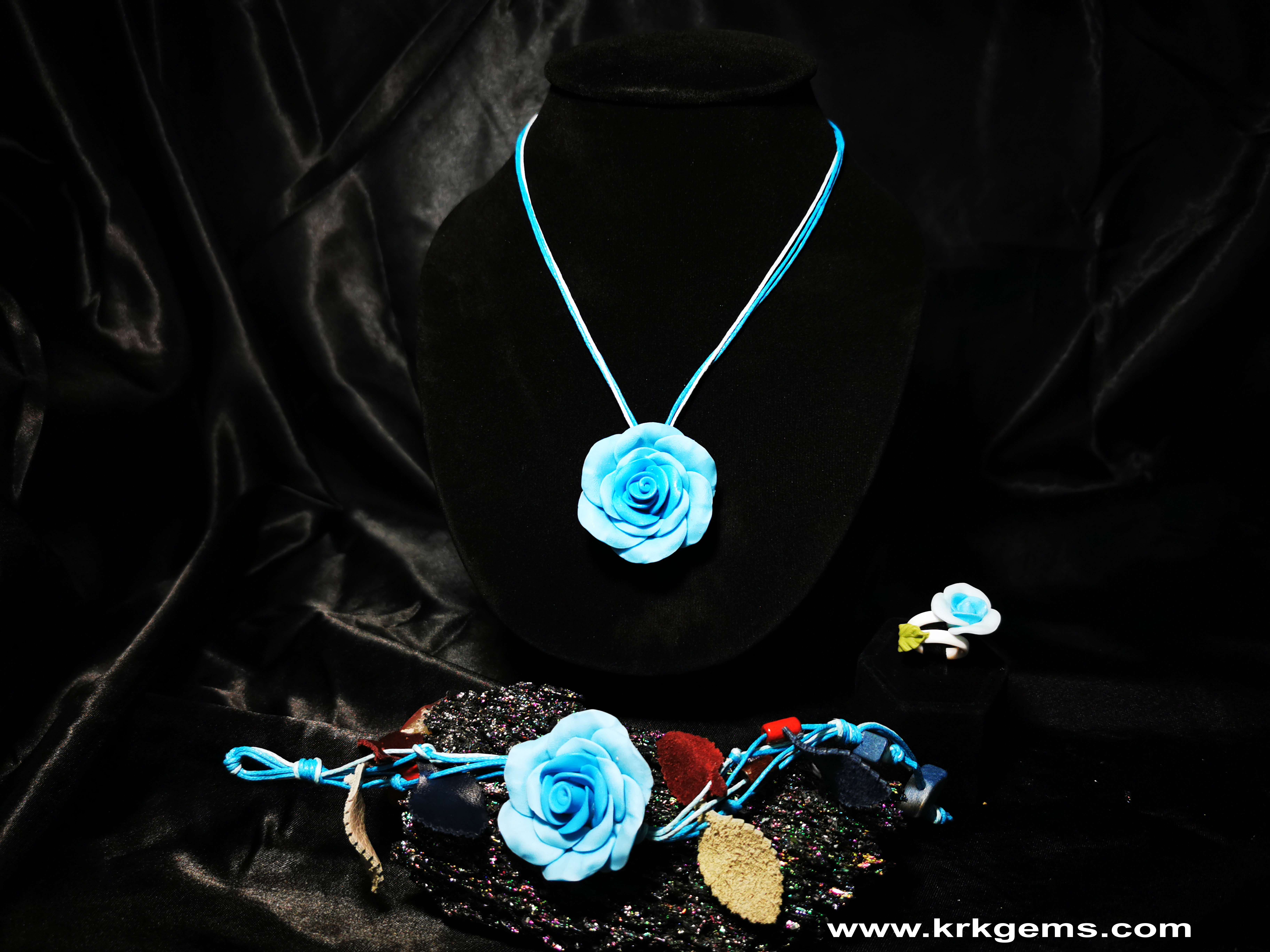 PASTEL BLUE ROSE HANDMADE CLAY NECKLACE BRACELET EARRING RING