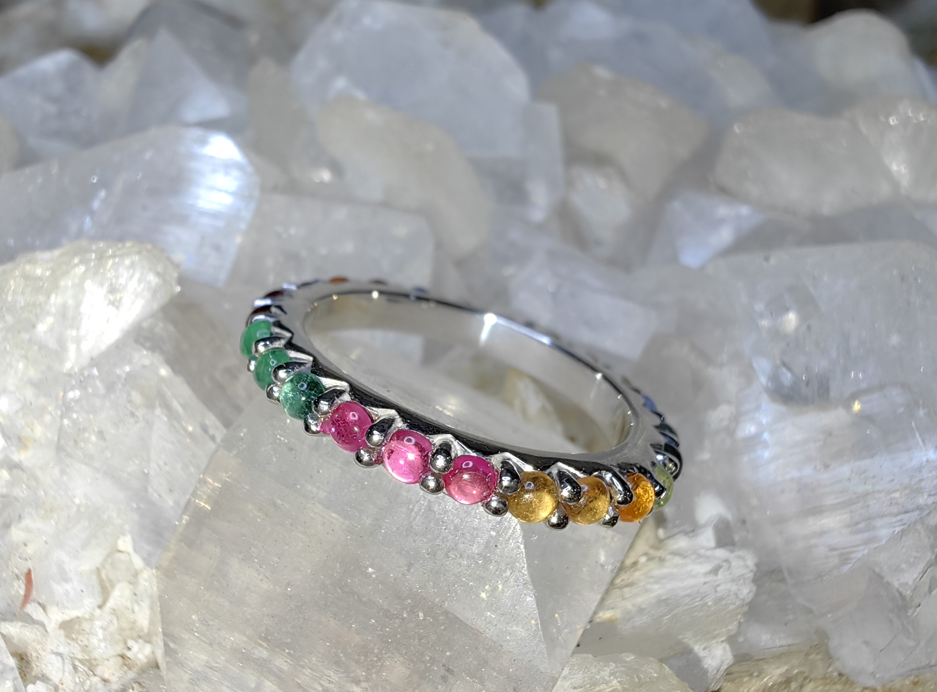 9 Lucky gemstones Ruby, Blue Sapphire, Emerald, Topaz, Zircon, Yellow Sapphire, Moonstone, Garnet, Cat's eyes 925 Sterling Silver แหวนนพเก้า ทับทิม ไพลิน มรกต โทแพซ ไพฑูรย์ บุษราคัม มูนสโตน โกเมน ตาแมว Size 56 เงินแท้ 925