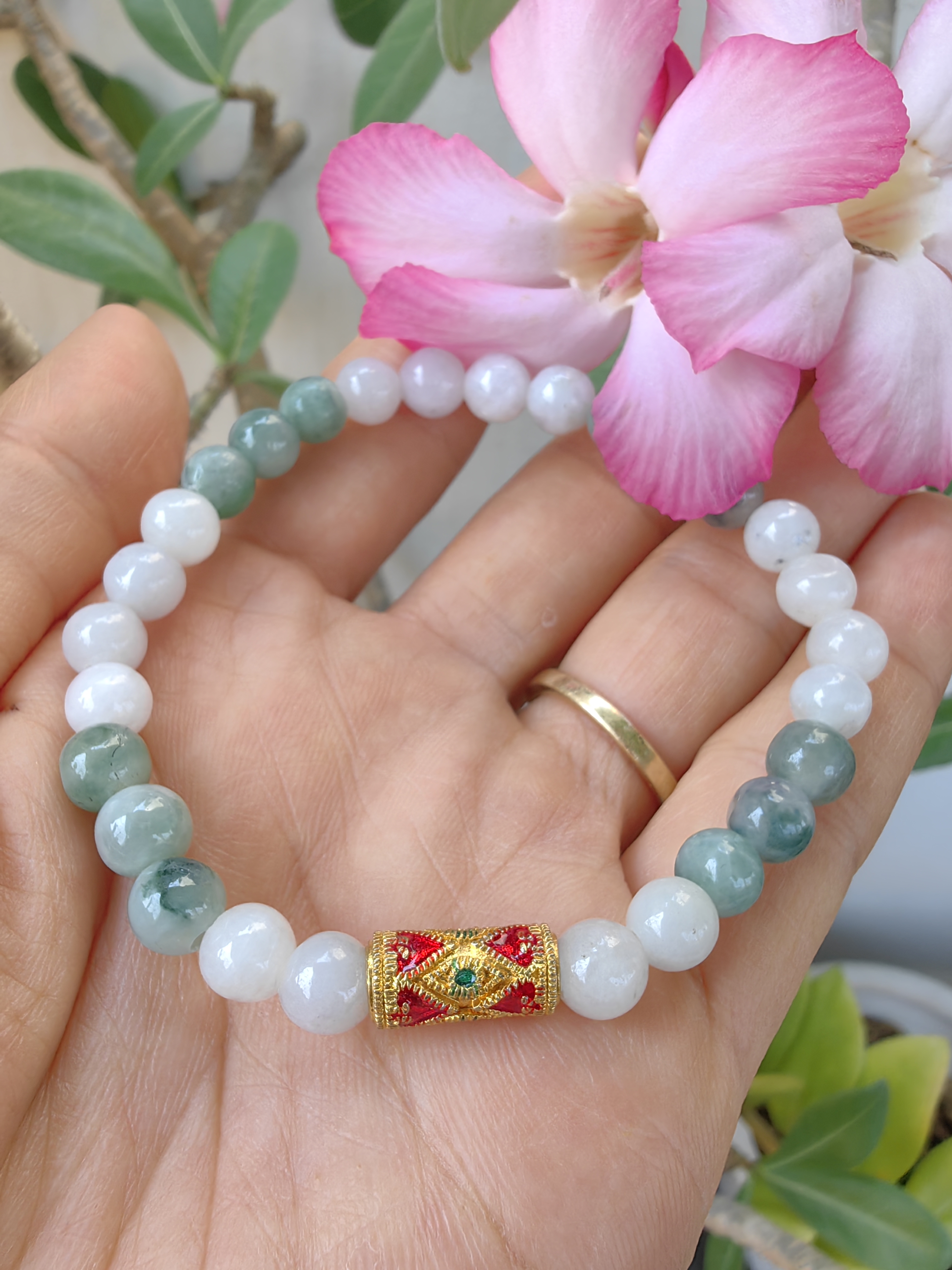 Burmese Jadeite Bracelets Thai Enamel Gold plated 7 mm. สร้อยข้อมือหยกพม่า ลงยาสุโขทัย กลม 7 มม. Free Size