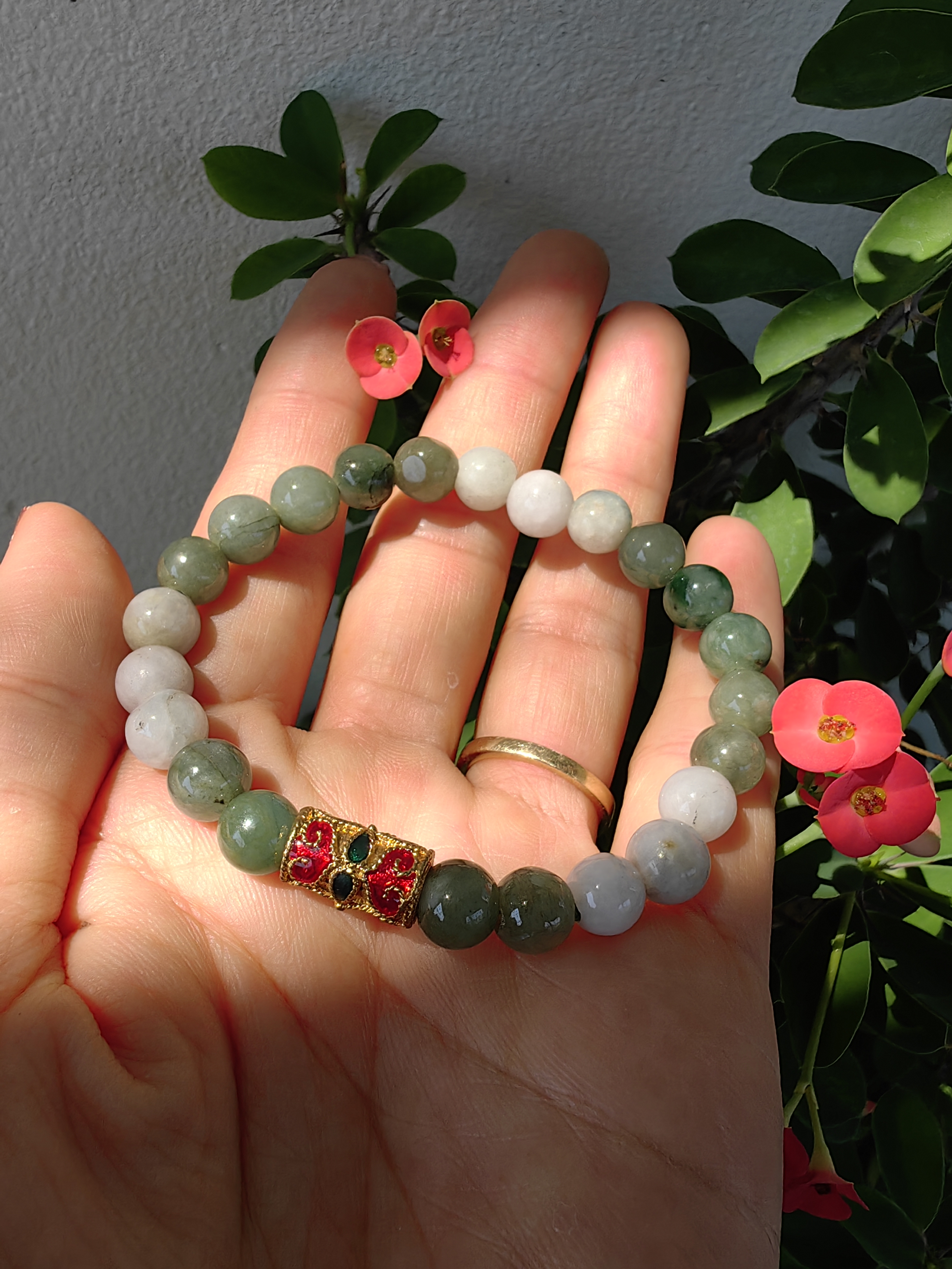 Burmese Jadeite Bracelets Thai Enamel Gold plated 7 mm. สร้อยข้อมือหยกพม่า ลงยาสุโขทัย กลม 7 มม. Free Size