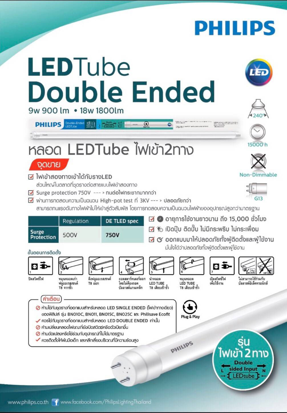 Philips หลอดไฟนีออน LED T8 (ยกลัง) ยาว 120 Cm 18w T8 LEDD Tube ดับเบิ้ลเอน 25หลอด แพ็คราคายกลัง